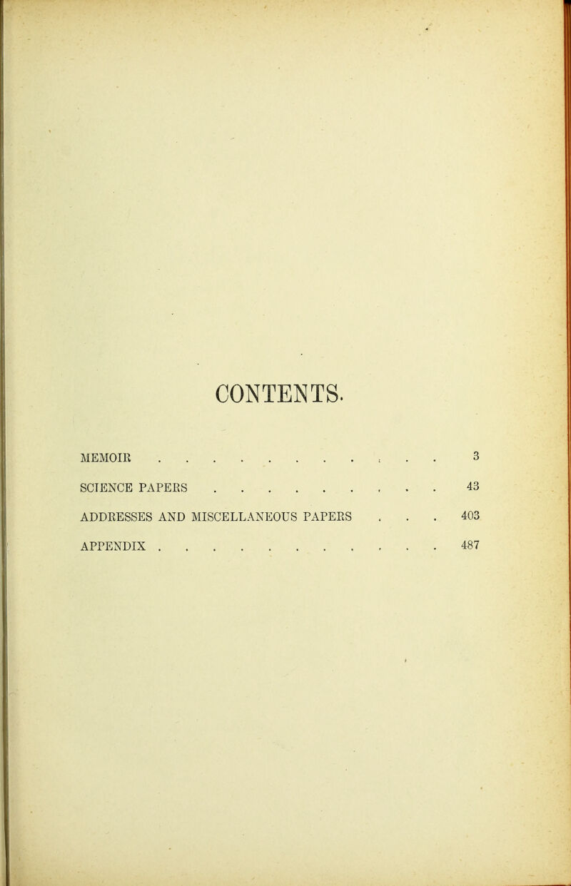 CONTENTS. MEMOIR . : . . 3 SCIENCE PAPERS 43 ADDRESSES AND MISCELLANEOUS PAPERS ... 403 APPENDIX 487