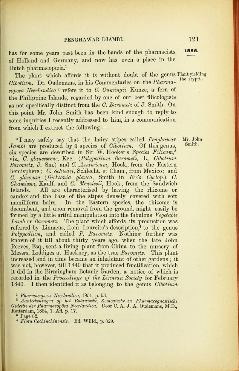Smith. has for some years past been in the hands of the pharmacists of Holland and Germany, and now has even a place in the Dutch pharmacopoeia.^ The plant which affords it is without doubt of the genus ^^^^^^^^^^^^-^ ■Cihotium. Dr. Oudemans, in his Commentaries on the Fharma-- ^ ^ styptic. copoea Neerlandica^ refers it to C. Cumingii Kunze, a fern of the Philippine Islands, regarded by one of our best filicologists as not specifically distinct from the G. Barometz of J. Smith. On this point Mr. John Smith has been kind enough to reply to some inquiries I recently addressed to him, in a communication from which I extract the following :— I may safely say that the hairy stipes called Penghawar Mr. John Jamhi are produced by a species of Cihotium. Of this genus, six species are described in Sir W. Hooker's Species Filicum^ viz., G. glaucescens, Kze. {Polypodium Barometz, L., Gihotium Barometz, J. Sm.) and G. Assamiciim, Hook., from the Eastern hemisphere ; G. Schiedei, Schlecht. et Cham., from Mexico; and G. glaucum {Dicksonia glauca, Smith in Bee's Gyclop.), G. Ghamissoi, Kaulf. and G. Menziesii, Hook., from the Sandwich Islands. All are characterised by having the rhizome or caudex and the base of the stipes densely covered with soft moniliform hairs. In the Eastern species, the rhizome is decumbent, and upon removal from the ground, might easily be formed by a little artful manipulation into the fabulous Vegetable Lamb or Barometz. The plant which affords its production was referred by Linnseus, from Loureiro's description,^ to the genus Folypodiicm, and called B. Barometz. Nothing further was known of it till about thirty years ago, when the late John Reeves, Esq., sent a living plant from China to the nursery of Messrs. Loddiges at Hackney, as the true Barometz. This plant increased and in time became an inhabitant of other gardens ; it was not, however, till 1840 that it produced fructification, which it did in the Birmingham Botanic Garden, a notice of which is recorded in the Proceedings of the Linnean Society for February 1840. I then identified it as belonging to the genus Gihotium Pharmacopoea Neerlandica, 1851, p. 53. ^ J anteekeningen op het Botanische, Zoologische en Pharmacognostische Gedeelte der PharmacopOea Neerlandica. Door C. A. J. A. Oudemans, M.D., Rotterdam, 1854, 1. Afl. p. 17. 2 Page 82. * Flora Cochinchinensis. Ed, Willd., p. 82d.