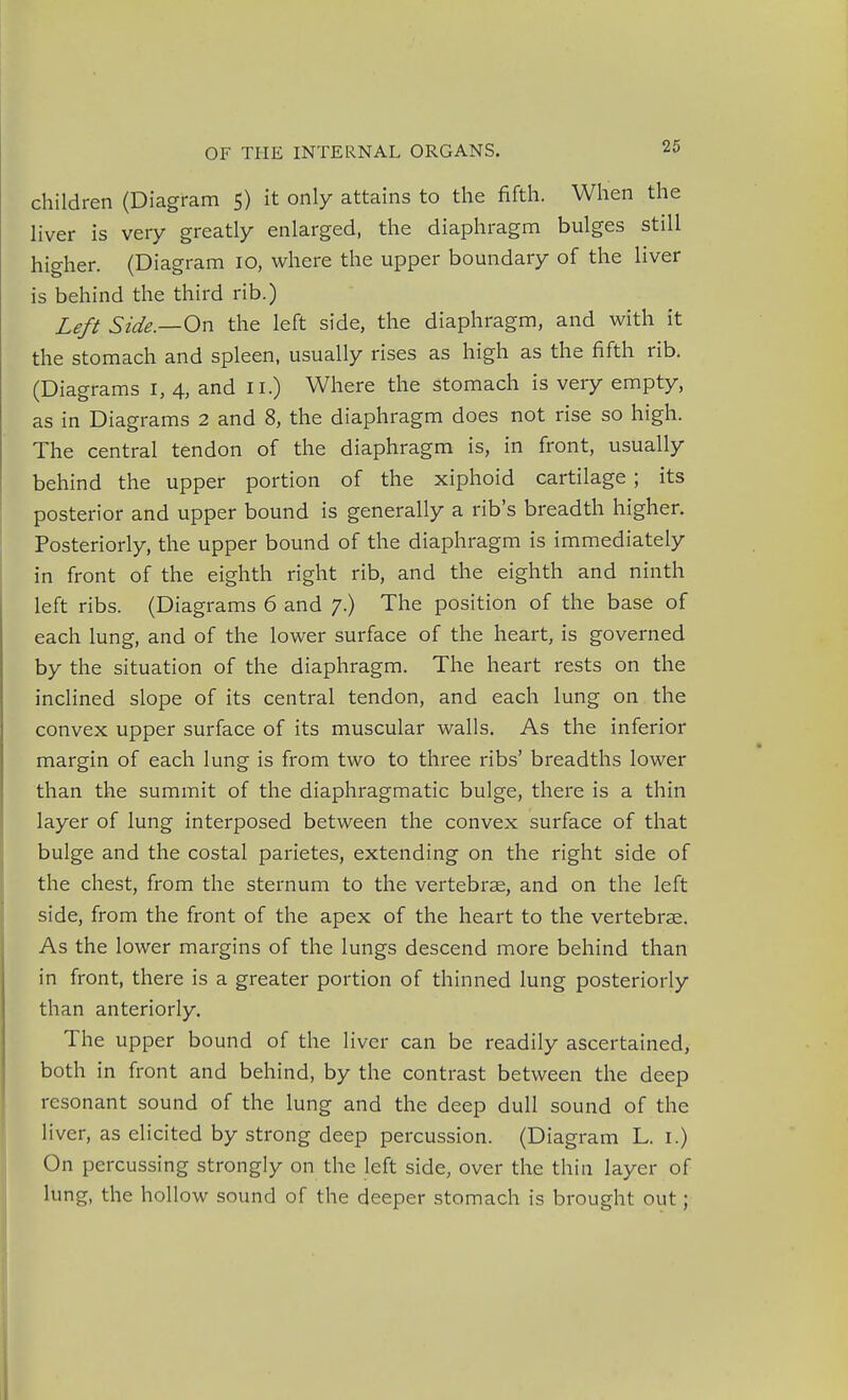 children (Diagram S) it only attains to the fifth. When the liver is very greatly enlarged, the diaphragm bulges still higher. (Diagram lo, where the upper boundary of the liver is behind the third rib.) Left Side.—On the left side, the diaphragm, and with it the stomach and spleen, usually rises as high as the fifth rib. (Diagrams I, 4, and ii.) Where the stomach is very empty, as in Diagrams 2 and 8, the diaphragm does not rise so high. The central tendon of the diaphragm is, in front, usually behind the upper portion of the xiphoid cartilage ; its posterior and upper bound is generally a rib's breadth higher. Posteriorly, the upper bound of the diaphragm is immediately in front of the eighth right rib, and the eighth and ninth left ribs. (Diagrams 6 and 7.) The position of the base of each lung, and of the lower surface of the heart, is governed by the situation of the diaphragm. The heart rests on the inclined slope of its central tendon, and each lung on the convex upper surface of its muscular walls. As the inferior margin of each lung is from two to three ribs' breadths lower than the summit of the diaphragmatic bulge, there is a thin layer of lung interposed between the convex surface of that bulge and the costal parietes, extending on the right side of the chest, from the sternum to the vertebrae, and on the left side, from the front of the apex of the heart to the vertebrae. As the lower margins of the lungs descend more behind than in front, there is a greater portion of thinned lung posteriorly than anteriorly. The upper bound of the liver can be readily ascertained, both in front and behind, by the contrast between the deep resonant sound of the lung and the deep dull sound of the liver, as elicited by strong deep percussion. (Diagram L. i.) On percussing strongly on the left side, over the thin layer of lung, the hollow sound of the deeper stomach is brought out;