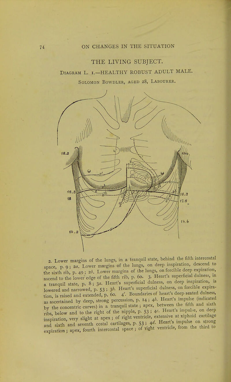 THE LIVING SUBJECT. Diagram L. i.—HEALTHY ROBUST ADULT MALE. Solomon Bowdler, aged 28, Labourer. 2 Lower margins of the lungs, in a tranquil state, behind the fifth intercostal space p 9 ; 2«. Lower margins of the lungs, on deep inspiration, descend to the sixth rib, p. 49 ; 2/>. Lower margins of the lungs, on forcible deep expnation, ascend to the lower edge of the fifth rib, p. 60. 3- Heart's superficial dulness, m a tranquil state, p. 8 ; 3«- Heart's superficial dulness, on deep msp.ration, is lowered and narrowed, p. 53 > 3^- Heart's superficial dulness on forcible expira- tion, is raised and extended, p. 60. 4'- Boundaries of heart's deep-seated dulness as ascertained by deep, strong percussion, p. 14; 4*- Heart s impulse (indicated by the concentric curves) in a tranquil state ; apex, between the fifth and sixth ribs below and to the right of the nipple, p. S3 ; ¥■ Hearts impulse on deep inspiration, very slight at apex; of right ventricle, extensive at xiphoid car ilage and sUth and seventh costal cartilages, .p. S3; 4</. Heart's impulse on strong expiratbn; apex, fourth imercostal space ; of right ventricle, from the third to