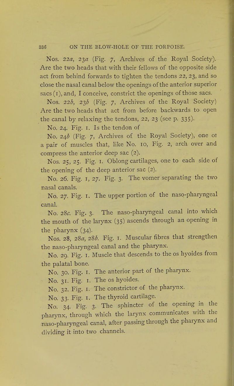 Nos. 22^2!, 2ia (Fig. 7, Archives of the Royal Society). Are the two heads that with their fellows of the opposite side act from behind forwards to tighten the tendons 22, 23, and so close the nasal canal below the openings of the anterior superior sacs (i), and, I conceive, constrict the openings of those sacs. Nos. 22b, 2ib (Fig. 7, Archives of the Royal Society) Are the two heads that act from before backwards to open the canal by relaxing the tendons, 22, 23 (see p. 335). No. 24. Fig. I. Is the tendon of No. 2Afi (Fig. 7, Archives of the Royal Society), one ot a pair of muscles that, like No. 10, Fig. 2, arch over and compress the anterior deep sac (2). Nos. 25, 25. Fig. I. Oblong cartilages, one to each side of the opening of the deep anterior sac (2). No. 26. Fig. I, 27. Fig. 3. The vomer separating the two nasal canals. No. 27. Fig. I. The upper portion of the naso-pharyngeal canal. No. 2^c. Fig. 3. The naso-pharyngeal canal into which the mouth of the larynx (35) ascends through an opening in the pharynx (34). Nos. 28, 2^a, 2U. Fig. I. Muscular fibres that strengthen the naso-pharyngeal canal and the pharynx. No. 29. Fig. I. Muscle that descends to the os hyoides from the palatal bone. No. 30. Fig. I. The anterior part of the pharynx. No. 31. Fig. I. The os hyoides. No. 32. Fig. I. The constrictor of the pharynx. No. 33. Fig. I. The thyroid cartilage. No. 34. Fig. 3. The sphincter of the opening in the pharynx, through which the larynx communicates with the naso-pharyngeal canal, after passing through the pharynx and dividing it into two channels.