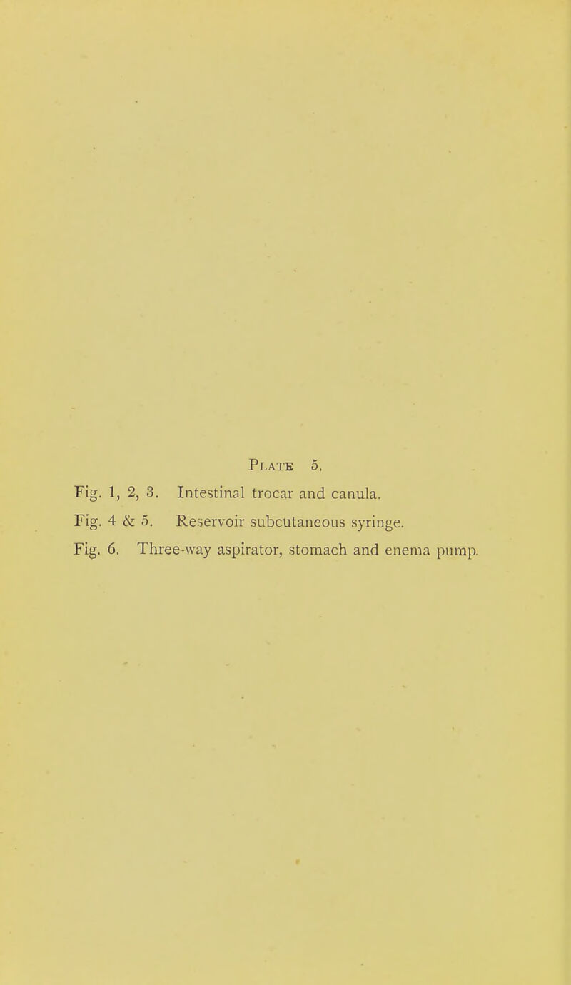 Plate 5. Fig. 1, 2, 3. Intestinal trocar and canula. Fig. 4 & 5. Reservoir subcutaneous syringe. Fig. 6. Three-way aspirator, stomach and enema pump.