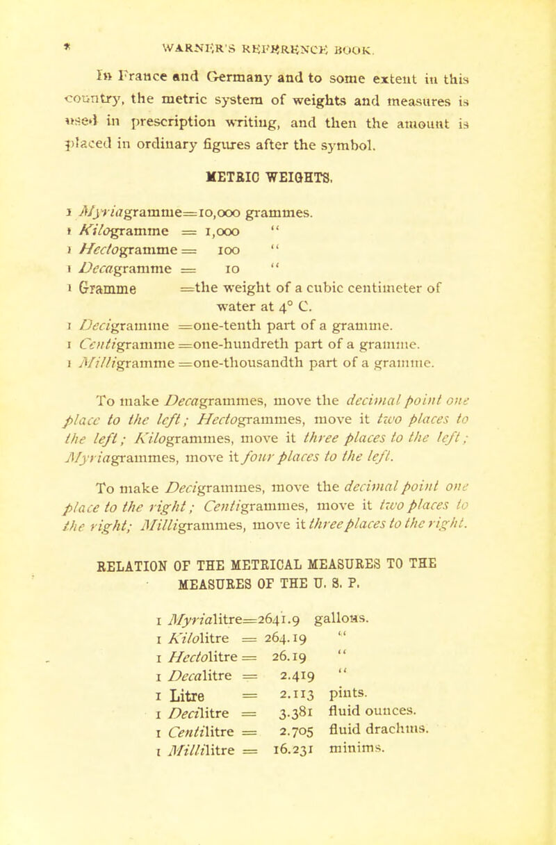 In Trance and Germany and to some extent in this country, the metric system of weights and measures is uaed in prescription writing, and then the amount is placed in ordinary figures after the symbol. METRIC WEIGHTS, i ^/j<7(7gramme=io,ooo grammes. « A7/t>gramme = 1,000  j //?f/<?gramme = 100  i Z^ctfgramme = 10  ' Gramme =the weight of a cubic centimeter of water at 40 C. 1 Z7<?«gramme =one-tenth part of a gramme. 1 Centigramme =one-huudreth part of a gramme. 1 Milligramme =one-thousandth part of a gramme. To make Zteftfgrammes, move the decimal point one place to the left; Hectogrammes,, move it two places to the left; AV/ogrammes, move it three places to the left. 7)/)77*agrammes, move it four places to the left. To make Z><?f/grammes, move the decimal point one place to the right; Centigrammes, move it two places the right; Milligrammes, move it three places to the right. RELATION OF THE METRICAL MEASURES TO THE MEASURES OF THE U. S. P. r Myria\itre=264i.g gallons. 1 AV/olitre = 264.19 1 Hectolitre = 26.19  1 Decalitre = 2.419 1 Litre = 2-3 Pints- 1 Decilitre = 3-381 fluid ounces. 1 Centilitre = 2.705 fluid drachms.