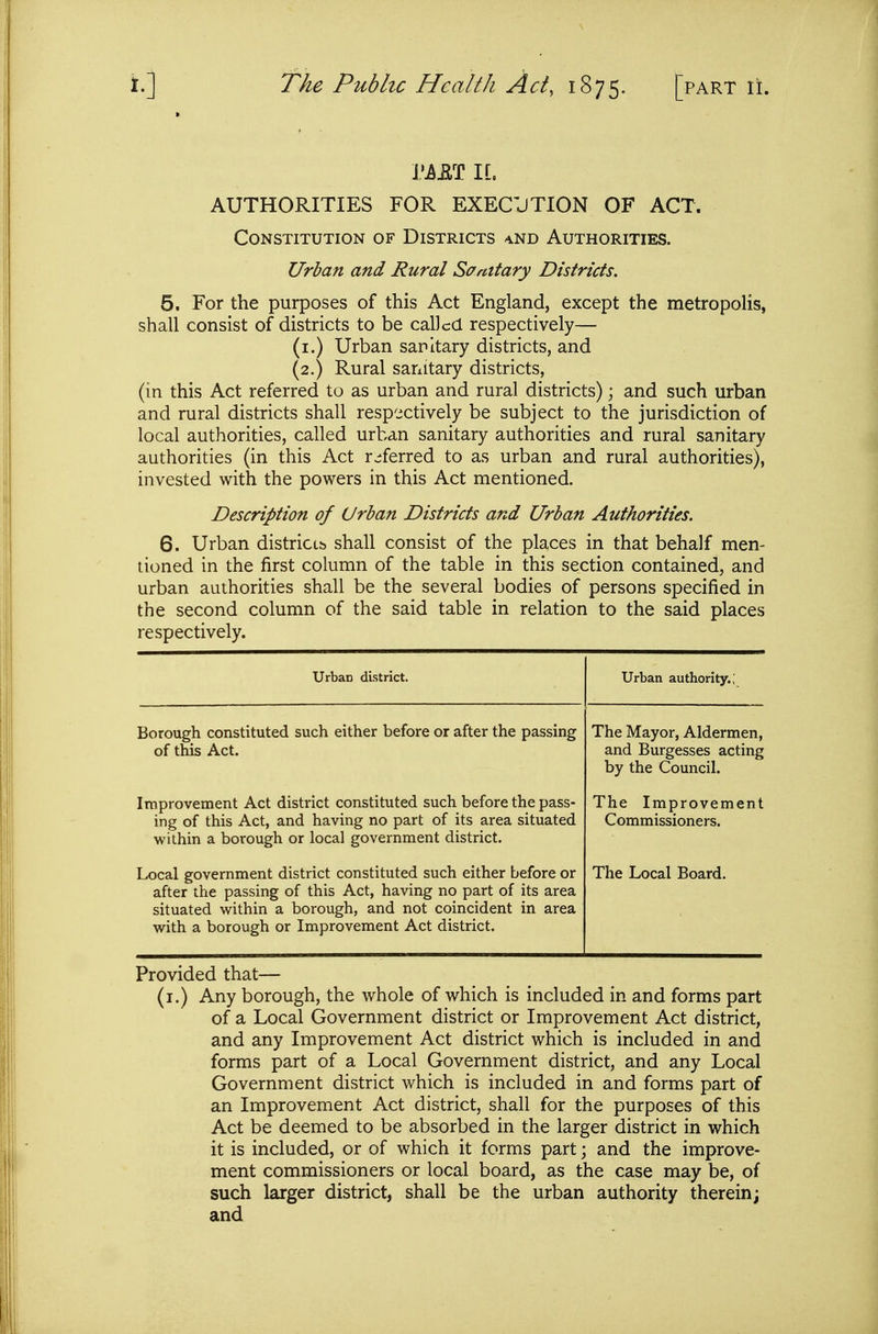 VhE^ IE. AUTHORITIES FOR EXECUTION OF ACT. Constitution of Districts 'INd Authorities. Urban and Rural Sanitary Districts, 5. For the purposes of this Act England, except the metropolis, shall consist of districts to be called respectively— (i.) Urban sanitary districts, and (2.) Rural sanitary districts, (in this Act referred to as urban and rural districts); and such urban and rural districts shall respectively be subject to the jurisdiction of local authorities, called urban sanitary authorities and rural sanitary authorities (in this Act referred to as urban and rural authorities), invested with the powers in this Act mentioned. Description of Urban Districts and Urban Authorities. 6. Urban districcs shall consist of the places in that behalf men- tioned in the first column of the table in this section contained, and urban authorities shall be the several bodies of persons specified in the second column of the said table in relation to the said places respectively. Urban district. Urban authority.; Borough constituted such either before or after the passing of this Act. The Mayor, Aldermen, and Burgesses acting by the Council. Improvement Act district constituted such before the pass- ing of this Act, and having no part of its area situated within a borough or local government district. The Improvement Commissioners. Local government district constituted such either before or after the passing of this Act, having no part of its area situated within a borough, and not coincident in area with a borough or Improvement Act district. The Local Board. Provided that— (i.) Any borough, the whole of which is included in and forms part of a Local Government district or Improvement Act district, and any Improvement Act district which is included in and forms part of a Local Government district, and any Local Government district which is included in and forms part of an Improvement Act district, shall for the purposes of this Act be deemed to be absorbed in the larger district in which it is included, or of which it forms part \ and the improve- ment commissioners or local board, as the case may be, of such larger district, shall be the urban authority therein; and