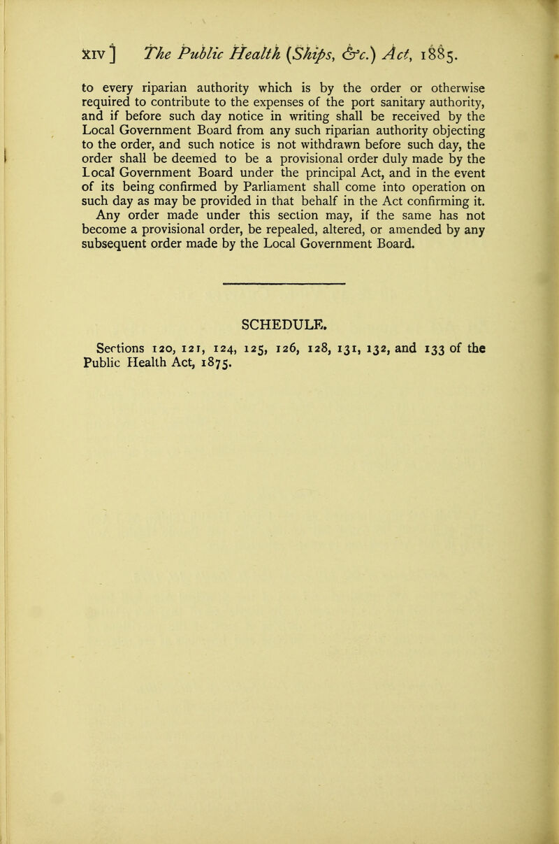 itiv] The Public Health [Ships, &c.) Act, i§§5. to every riparian authority which is by the order or otherwise required to contribute to the expenses of the port sanitary authority, and if before such day notice in writing shall be received by the Local Government Board from any such riparian authority objecting to the order, and such notice is not withdrawn before such day, the order shall be deemed to be a provisional order duly made by the Local Government Board under the principal Act, and in the event of its being confirmed by Parliament shall come into operation on such day as may be provided in that behalf in the Act confirming it. Any order made under this section may, if the same has not become a provisional order, be repealed, altered, or amended by any subsequent order made by the Local Government Board. SCHEDULE. Sections 120, 121, 124, 125, 126, 128, 131, 132, and 133 of the PubHc Plealth Act, 1875.