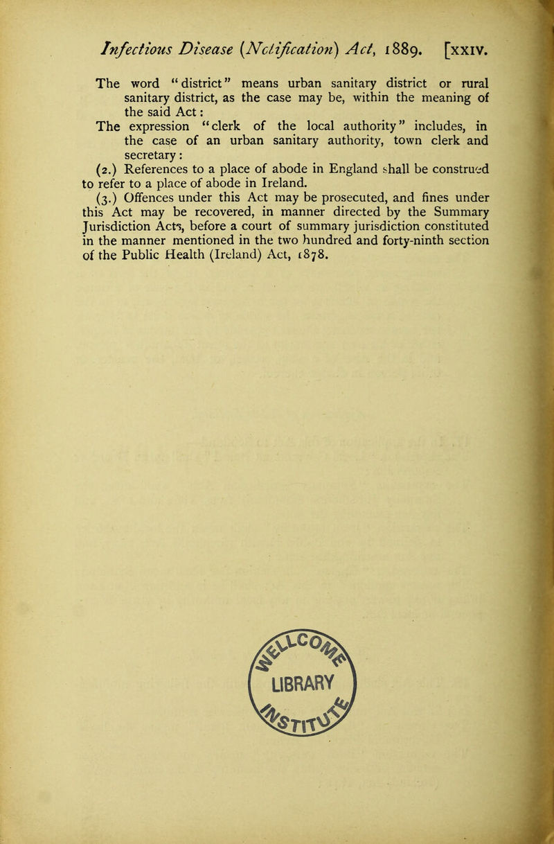 The word  district means urban sanitary district or rural sanitary district, as the case may be, within the meaning of the said Act: The expression clerk of the local authority includes, in the case of an urban sanitary authority, town clerk and secretary: (2.) References to a place of abode in England shall be construed to refer to a place of abode in Ireland. (3.) Offences under this Act may be prosecuted, and fines under this Act may be recovered, in manner directed by the Summary Jurisdiction Act's, before a court of summary jurisdiction constituted in the manner mentioned in the two hundred and forty-ninth section of the Public Health (Ireland) Act, £878.