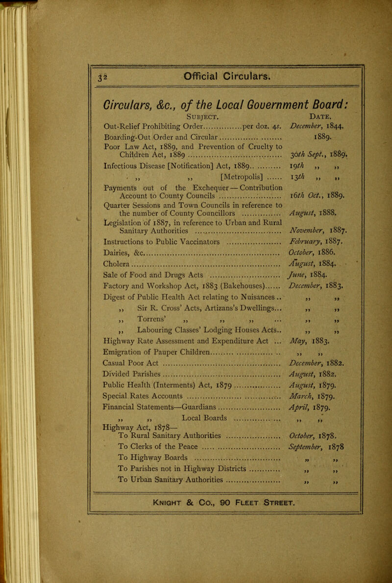 Circulars, &c., of the Local Government Board: Subject. Date. Out-Relief Prohibiting Order per doz. 4^. December, 1844. Boarding-Out Order and Circular 1889. Poor Law Act, 1889, and Prevention of Cruelty to Children Act, 1889 30M Sept, 1889. Infectious Disease [Notification] Act, 1889 19th [Metropolis] 13M „ Payments out of the Exchequer — Contribution Account to County Councils i(yth Oct,, 1889. Quarter Sessions and Town Councils in reference to the number of County Councillors August, 1888, Legislation of 1887, in reference to Urban and Rural Sanitary Authorities November, 1887. Instructions to Public Vaccinators February, 1887. Dairies, &c October, 1886. Cholera August, 1884. Sale of Food and Drugs Acts June, 1884. Factory and Workshop Act, 1883 (Bakehouses) December, 1883. Digest of Public Health Act relating to Nuisances .. ,, Sir R. Cross'Acts, Artizans's Dwellings... ,, ,y ,, Torrens' ,, ,, ,, ... „ ,, Labouring Classes'Lodging Houses Acts.. ,, Highway Rate Assessment and Expenditure Act ... May, 1883. Emigration of Pauper Children ,, ,, Casual Poor Act ; December, 1882, Divided Parishes August, 1882, Public Health (Interments) Act, 1879 August, 1879. Special Rates Accounts March, 1879. Financial Statements—Guardians April, 1879. ,, Local Boards Highway Act, 1878— To Rural Sanitary Authorities October, 1878. To Clerks of the Peace September, 1878 To Highway Boards „ To Parishes not in Highway Districts ,, ,, To Urban Sanitary Authorities „