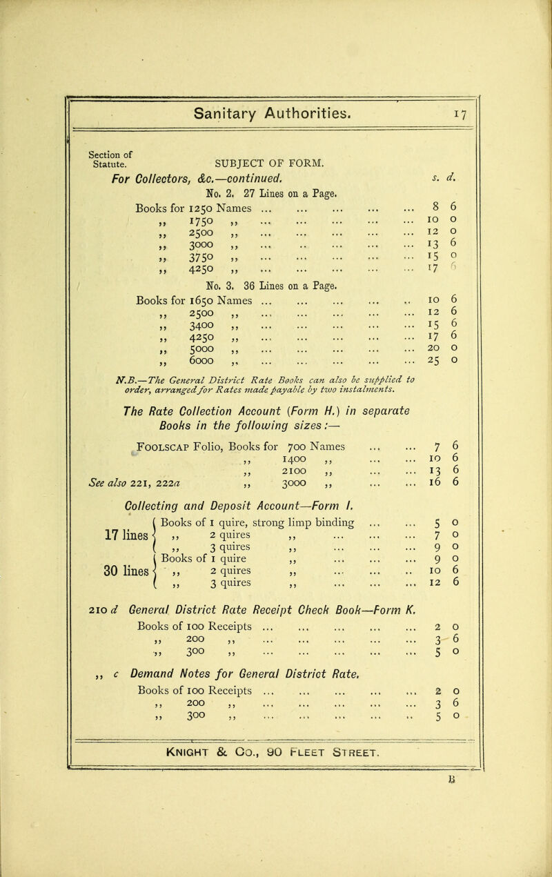 Section of Statute. SUBJECT OF FORM. For Collectors, &c.—continued. s. d. No. 2. 27 Lines on a Page. Books for 1250 Names 8 6 1750 „ 10 0 2500 „ 12 0 3000 13 6 3750 n 15 0 n 4250 17 No. 3. 36 Lines on a Page. Books for 1650 Names 10 6 „ 2500 .., , 12 6 „ 3400 15 0 4250 „ 17 6 ,, 5000 20 0 6000 25 0 If.B.—The General District Rate Books can also he sitpplied to order, arranged for Rates made payable by two instalments. The Rate Collection Account {Form H.) in separate Books in the following sizes:— Foolscap Folio, Books for 700 Names 7 5 1400 10 D 2100 13 0 See also 221, 222a 3000 ,, T A 10 0 Collecting and Deposit Account—Form I. Books of I quire, strong limp binding 5 r\ u 17 lines ■ 2 quires 7 0 3 quires 9 0 Books of I quire ,, 9 0 30 lines 2 quires ,, 10 6 3 quires ,, 12 6 210 d General District Rate Receipt Check Book—Form K. Books of 100 Receipts ... 2 0 200 ,, ... 3 6 300 ... 5 0 c Demand Notes for General District Rate. Books of 100 Receipts 2 0 200 3 6 300 5 0