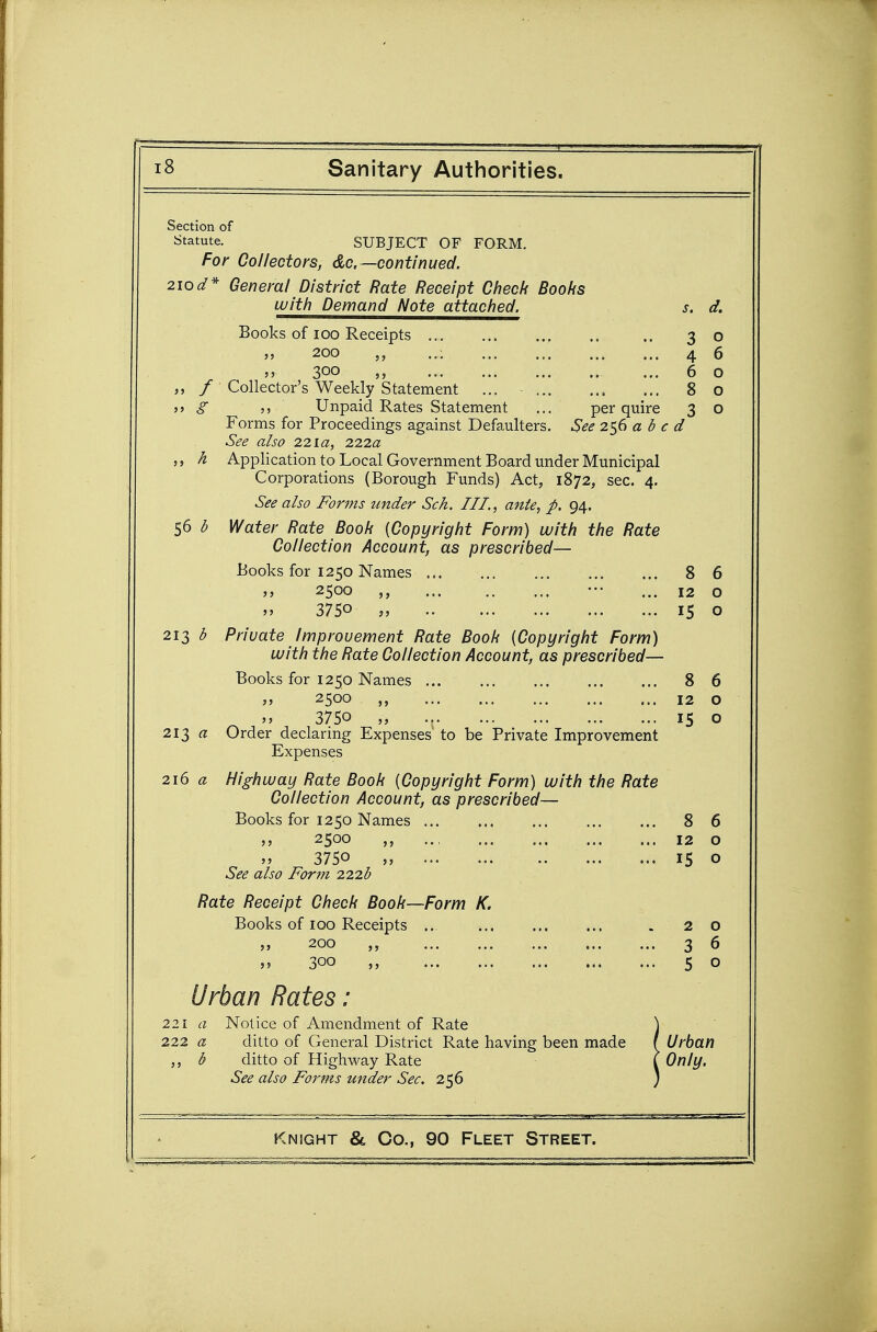 Section of Statute. SUBJECT OF FORM. For Collectors, dc—continued. 210 d* General District Rate Receipt Checfi Books with Demand Note attached. s. d. Books of 100 Receipts ., ..30 jj 200 ..; 4 6 55 300 ... 6 o / Collector's Weekly Statement ... 80 g 5J Unpaid Rates Statement ... per quire 3 o Forms for Proceedings against Defaulters. See 256 abed See also 221a, 222a ,, k Application to Local Government Board under Municipal Corporations (Borough Funds) Act, 1872, sec. 4. See also Forms under Sch. III., ante, p. 94. 56 b Water Rate Book [Copyright Form) with the Rate Collection Account, as prescribed— Books for 1250 Names 8 6 >j 2500 ,, ••• ... 12 o 3750 „ 15 o 213 b Private Improvement Rate Book [Copyright Form) with the Rate Collection Account, as prescribed— Books for 1250 Names 8 6 „ 2500 12 o 3750 „ 15 o 213 a Order declarmg Expenses to be Private Improvement Expenses 216 a Highway Rate Book [Copyright Form) with the Rate Collection Account, as prescribed— Books for 1250 Names 8 6 2500 12 o 3750 „ 15 o See also Form 222b Rate Receipt Check Book—Form K. Books of 100 Receipts .. ... . 20 » 200 3 6 300 5 o Urban Rates: 221 a Notice of Amendment of Rate ] 222 a ditto of General District Rate having been made ( Urban b ditto of Highway Rate I Only. See also Forms under Sec. 256 ) i