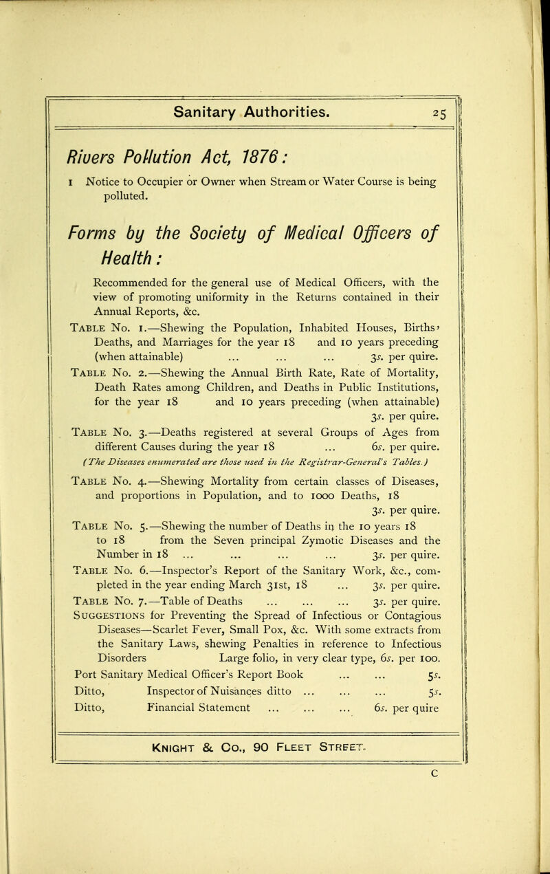 Rivers Pollution Act, 1876: I Notice to Occupier or Owner when Stream or Water Course is being polluted. Forms by tlie Society of IVIedical Officers of Health: Recommended for the general use of Medical Officers, with the view of promoting uniformity in the Returns contained in their Annual Reports, &c. Table No. i.—Shewing the Population, Inhabited Houses, Births' Deaths, and Marriages for the year i8 and lo years preceding (when attainable) ... ... ... 3^-. per quire. Table No. 2.—Shewing the Annual Birth Rate, Rate of MortaHty, Death Rates among Children, and Deaths in Public Institutions, for the year i8 and 10 years preceding (when attainable) 3^-. per quire. Table No. 3.—Deaths registered at several Groups of Ages from different Causes during the year 18 ... 6s. per quire. (The Diseases emn7terated are those used hi the Registrar-General's Tables.) Table No. 4.—Shewing Mortality from certain classes of Diseases, and proportions in Population, and to 1000 Deaths, 18 3J. per quire. Table No. 5.—Shewing the number of Deaths in the 10 years 18 to 18 from the Seven principal Zymotic Diseases and the Number in 18 ... ... ... ... 3^. per quire. Table No. 6.—Inspector's Report of the Sanitary Work, &c., com- pleted in the year ending March 31st, 18 ... 3^-. per quire. Table No. 7.—Table of Deaths 35-. per quire. Suggestions for Preventing the Spread of Infectious or Contagious Diseases—Scarlet Fever, Small Pox, &c. With some extracts from the Sanitary Laws, shewing Penalties in reference to Infectious Disorders Large folio, in very clear type, 6s. per 100. Port Sanitary Medical Officer's Report Book ... ... 5^. Ditto, Inspector of Nuisances ditto ... ... ... 55. Ditto, Financial Statement ... ... ... 6^-. per quire