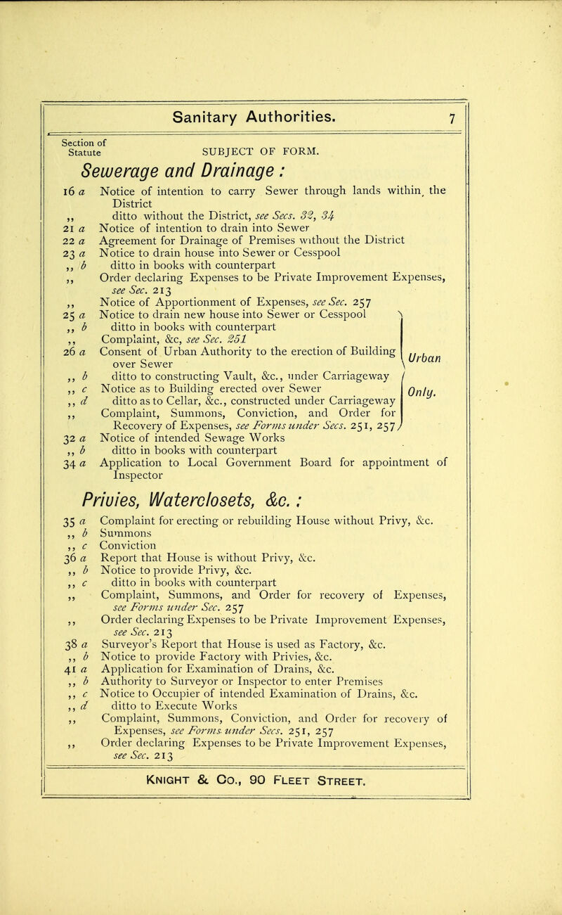 Section of Statute SUBJECT OF FORM. Sewerage and Drainage: i6 a Notice of intention to carry Sewer through lands within^ the District ditto without the District, see Sees. 32, 34 21 a Notice of intention to drain into Sewer 22 a Agreement for Drainage of Premises without the District 23 a Notice to drain house into Sewer or Cesspool b ditto in books with counterpart Order declaring Expenses to be Private Improvement Expenses, see Sec. 213 Notice of Apportionment of Expenses, see Sec. 257 Notice to drain new house into Sewer or Cesspool ditto in books with counterpart Complaint, &c, see Sec. 251 Consent of Urban Authority to the erection of Building over Sewer \ ditto to constructing Vault, &c., under Carriageway / 25 a >> b 1» 26 a J5 b > J c J > d Urban Notice as to Building erected over Sewer Onlu. ditto as to Cellar, &c., constructed under Carriageway ,, Complaint, Summons, Conviction, and Order for Recovery of Expenses, see Forms ^^nder Sees. 251, 257/ 32 a Notice of intended Sewage Works ,, b ditto in books with counterpart 34 a Application to Local Government Board for appointment of Inspector Primes, Waterclosets, &o.: 35 a Complaint for erecting or rebuilding House without Privy, &c. ,, b Summons c Conviction 36 a Report that House is without Privy, &c. ,, b Notice to provide Privy, &c, ,, c ditto in books with counterpart Complaint, Summons, and Order for recovery of Expenses, see Forms tender Sec. 257 Order declai-ing Expenses to be Private Improvement Expenses, see Sec. 213 38 a Surveyor's Report that House is used as Factory, &c. b Notice to provide Factory with Privies, &c. 41 a Application for Examination of Drains, &c. b Authority to Surveyor or Inspector to enter Premises c Notice to Occupier of intended Examination of Drains, &c. ,, d ditto to Execute Works ,, Complaint, Summons, Conviction, and Order for recovery of Expenses, see Forms under Sees. 251, 257 ,, Order declaring Expenses to be Private Improvement Expenses, see Sec. 213