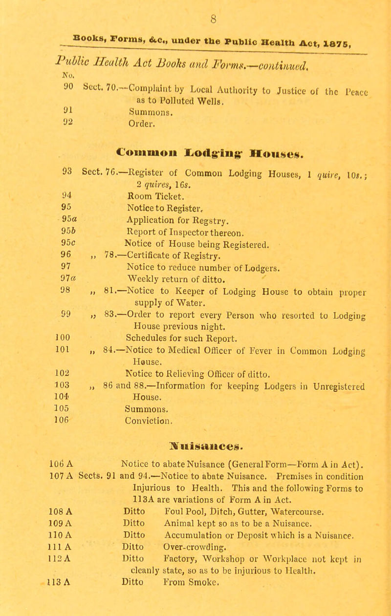 I, Forma, &c., under the Public Health Act, 1875, Piihlic Health Act Books and Formn.—continued. No. 90 Sect. 70.~Compluiiit by Local Authority to Justice of the I'eacc as to Polluted Wells. Summons. 92 Older. Common liOds-iiigr HoiLses. 93 Sect. 7C.—Register of Common Lodging Houses, 1 quire, \0i.; 2 quires, 16s. 94 Room Ticket. 95 Notice to Register, 95« Application for Regstry. 956 Report of Inspector thereon. 95c Notice of House being Registered. 96 „ 78.—Certificate of Registry. 97 Notice to reduce number of Lodgers. 97a Weekly return of ditto. 98 „ 81.—Notice to Keeper of Lodging House to obtain proper supply of Water. 99 „ 83.—Order to report every Person who resorted to Lodging House previous night. 100 Schedules for such Report. 101 „ 84.—Notice to Medical Officer of Fever in Common Lodging House. 102 Notice to Relieving Officer of ditto. 103 „ 86 and 88.—Information for keeping Lodgers in Unregistered 104' House. 105 Summons. 106 Conviction. 106 A Notice to abate Nuisance (GeneralForm—Form A in Act). 107 A Sects, 91 and 94.—Notice to abate Nuisance. Premises in condition Injurious to Health. This and the following Forms to 113A are variations of Form A in Act. 108 A Ditto Foul Pool, Ditch, Gutter, Watercourse. 109 A Ditto Animal kept so as to be a Nuisance. 110 A Ditto Accumulation or Deposit which is a Nuisance. 111A Ditto Over-crowding. 112 A Ditto Factory, Workshop or AVork))lacc not kept in cleanly state, so as to be injurious to Health. USA Ditto From Smoke.