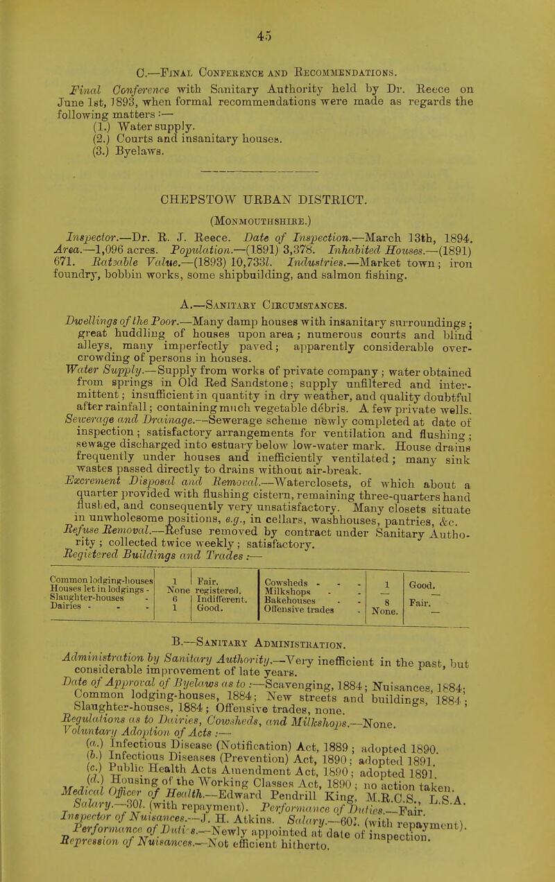 0.—FiNAL CONFERENCK AND RECOMMENDATIONS. Final Confm'cnce with Sanitary Authority held by Dr. Reece on June let, 1893, when formal recommendations were made as regards the following matters:— (1.) Water supply. (2.) Courts and insanitary houses. (3.) Byelaws. CHEPSTOW URBAN DISTRICT. (MONMOUTIISHIBE.) Inspector.—Dr. R. J. Reece. Date of Inspection.—March 13th, 1894. Area.—lfidQ acres. Population.—(1891) 3,378. Inhabited Houses.—(1891) 671. Batmhle FaZ«e.—(1893) 10,733?. JwZiis/ri'es.—Market town; iron foundry, bobbin works, some shipbuilding, and salmon fishing. A.—Sanitaky Ciecumstances. Dwellings of the Poor.—Many damp houses with insanitary surroundings ; great huddling of houses upon area; numerous courts and blind alleys,^ many imperfectly paved; a])parently considerable over- crowding of persons in houses. Water Supply.—Supply from works of private company ; water obtained from springs in_ Old Red Sandstone; supply unfiltered and inter- mittent ; insufficient in quantity in dry weather, and quality doubtful after rainfall; containing much vegetable debris. A few private wells. Sewerage and Drainage.—Sewerage scheme nfewly completed at date of inspection; satisfactory arrangements for ventilation and flushing ; sewage discharged into estuary below low-water mark. House drains' frequently under houses and inefficiently ventilated; many sink wastes passed directly to drains without air-break. Excrement Disposal and Removal.—Waterclosets, of which about a quarter provided with flushing cistern, remaining three-quarters hand flusLed, and consequently very unsatisfactory. Many closets situate m unwholesome positions, e.g., in cellars, wasbhouses, pantries, &c. Befuse Removal.—Reinse removed by contract under Sanitary Autho- rity ; collected twice weekly; satisfactory. Registered Buildings and Trades:— Common lotlsiriB-Iiouses Houses let in lodgings Slaughter-houses Dairies - 1 i Pair. None registered. Indiflerent. Good. Cowsheds - Milkshops Bakehouses Ollonsive trades B.—Sanitaey Administhation. Administration hy Sanitary Authority.—Very inefficient in the past but considerable improvement of late years. ' Date of Approval of Byelaws as to .—Scavenging, 1884; Nuisances, 1884- Common lodging-houses, 1884; New streets and buildings 1884'- Slaughter-houses, 1884; Offensive trades, none. ' Regulations as to Dairies, Cowsheds, and Millcshops.-~'None Voluntary Adoption of Acts :— {a.) infectious Disease (f^otification) Act, 1889 ; adopted 1890 6. Infectious Diseases (Prevention) Act, 1890; adopted 1891. (c.) Public Health Acts Amendment Act, 1890; adopted 1891. IT j> ] Working Classes Act, 1890 ; no action taken Medical Officer o/ ffe«/</i.-Edward Pendrill King MR O S L S A Sahry.-^m (with repnyment). Performance of^^Hos Siab: Inspector of Nuisances.. H. Atkins. Salary.-QOl. (with renavnn,.nf ^ Performance ofpntvs.^m^^j appointed at date of nspectS Repression of Nuisances.-^^ob efficient hitherto. 'spection.