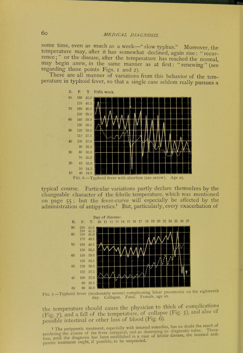 MEDICAL DIAGNOSIS. some time, even as much as a week— slow typhus. Moreover the temperature may, after it has somewhat declined, again rise: recur- rence ; or the disease, after the temperature has reached the normal, may begm anew, in the same manner as at first:  renewing (see regarding these points Figs, i and 2). There are all manner of variations from this behavior of the tem- perature in typhoid fever, so that a single case seldom really pursues a R. 8U 70 60 50 40 30 20 10 P. 180 170 160 150 140 130 120 110 100 90 80 70 CO 50 40 T. 41.0 40.5 40.0 39.5 39.0 38.5 38.0 37.5 37.0 30.5 3G.0 35.5 35.0 34.5 34.0 Fifth week. H 1 1 1 III in II II H m 1 11 1 1 III in II n II HIi III BIIIHI IHfifll n ■ i ii 1 1 n IIBI 1 If II II 1 1 i II 1 1 1 ill HI n II ■ II 1 1 1 III III II n H Fig. 6.—Typhoid fever with abortion (see arrow). Age 25. typical course. Particular variations partly declare themselves by the changeable character of the febrile temperature, which was mentioned on page 55 ; but the fever-curve will especially be affected by the administration of antipyretics.* But, particularly, every exacerbation of R. 90 80 70 60 50 40 30 Day of disease: T. 10 11 T2 13 U 15 10 17 18 19 20 23 24 25 26 27 200 42.0 190 41.5 ISO 41.0 170 40.5 160 40.0 150 39,5 140 39.0 130 38.5 120 38.0 110 37.5 100 37.0 00 3fi.5 80 36.0 annnir 11 mil Fig. 7-- -Typhoid fever (moderately severe) complicating lobar pneumonia on the eighteenth day. Collapse. Fatal. Female, age 21. the temperature should cause the physician to think of complications (Fig. 7), and a fall of the temperature, of collapse (Fig. 5). '^^^^^ °' pos^sible intestinal or other loss of blood (Fig. 6). 1 The antipyretic treatment, especially with internal remedies, has no cjoiibt the result of rendering the course of the fever untypical, and so destroying Us f^^^J^^J^^. fole until the diagnosis has been established in a case of febrile disease, the inlcinal pyretic treatment ought, if possible, to be suspended.