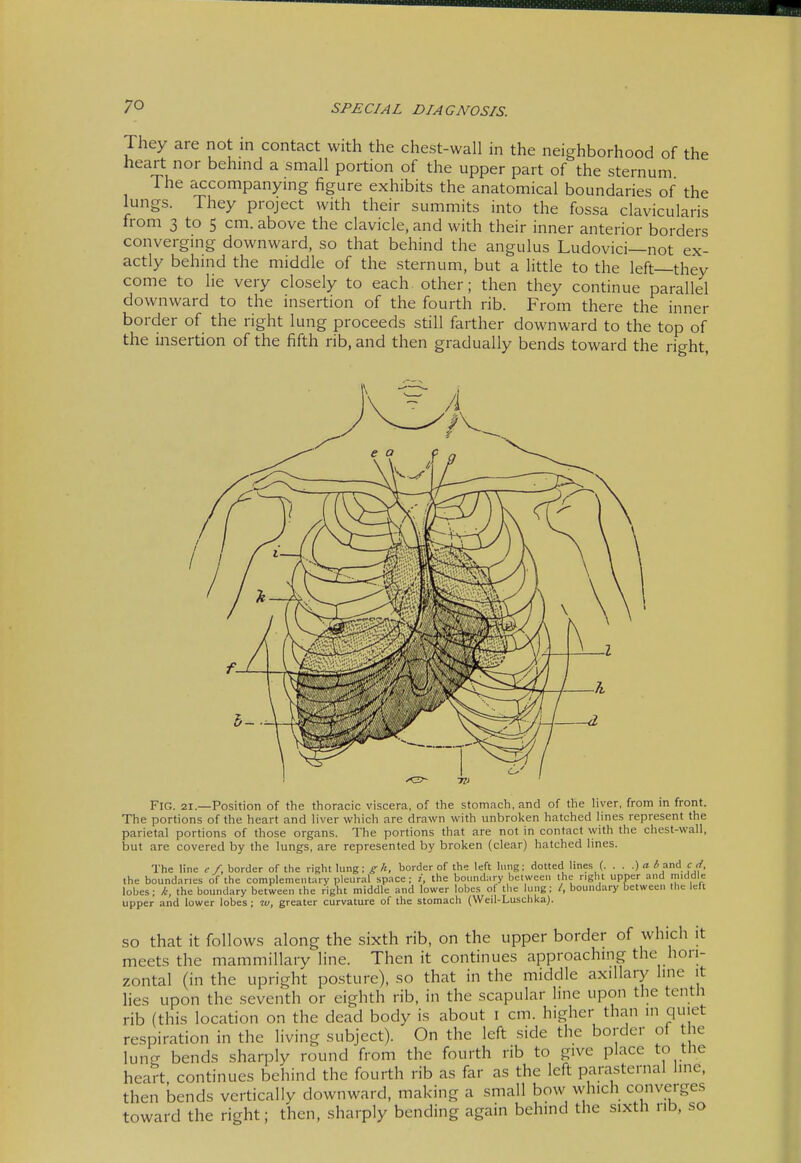 They are not in contact with the chest-wall in the neighborhood of the heart nor behind a small portion of the upper part of the sternum The accompanying figure exhibits the anatomical boundaries of the lungs. They project with their summits into the fossa clavicularis from 3 to 5 cm. above the clavicle, and with their inner anterior borders converging downward, so that behind the angulus Ludovici—not ex- actly behind the middle of the sternum, but a little to the left—they come to lie very closely to each other; then they continue parallel downward to the insertion of the fourth rib. From there the inner border of the right lung proceeds still farther downward to the top of the insertion of the fifth rib, and then gradually bends toward the right, Fig. 21—Position of the thoracic viscera, of the stomach, and of the liver, from in front. The portions of the heart and liver which are drawn with unbroken hatched lines represent the parietal portions of those organs. The portions that are not in contact with the chest-wall, but are covered by the lungs, are represented by broken (clear) hatched lines. The line e /, border of the right lung; gh, border of the left lung; dotted lines (. . . .) « b^nA cd the boundaries of the complementary pleural space; /, the boundary between the right upper and middle lobes; k, the boundary between the right middle and lower lobes of tlie lung; /, boundary between the left upper and lower lobes; to, greater curvature of the stomach (Weil-Luschka). so that it follows along the sixth rib, on the upper border of which it meets the mammillary line. Then it continues approaching the hori- zontal (in the upright posture), so that in the middle axillaiy line it lies upon the seventh or eighth rib, in the scapular line upon the tenth rib (this location on the dead body is about i cm. higher than in quiet respiration in the living subject). On the left side the border of the lung bends sharply round from the fourth rib to give place to the heart continues behind the fourth rib as far as the left parasternal line, then bends vertically downward, making a small bow which converges toward the right; then, sharply bending again behind the sixth nb, so