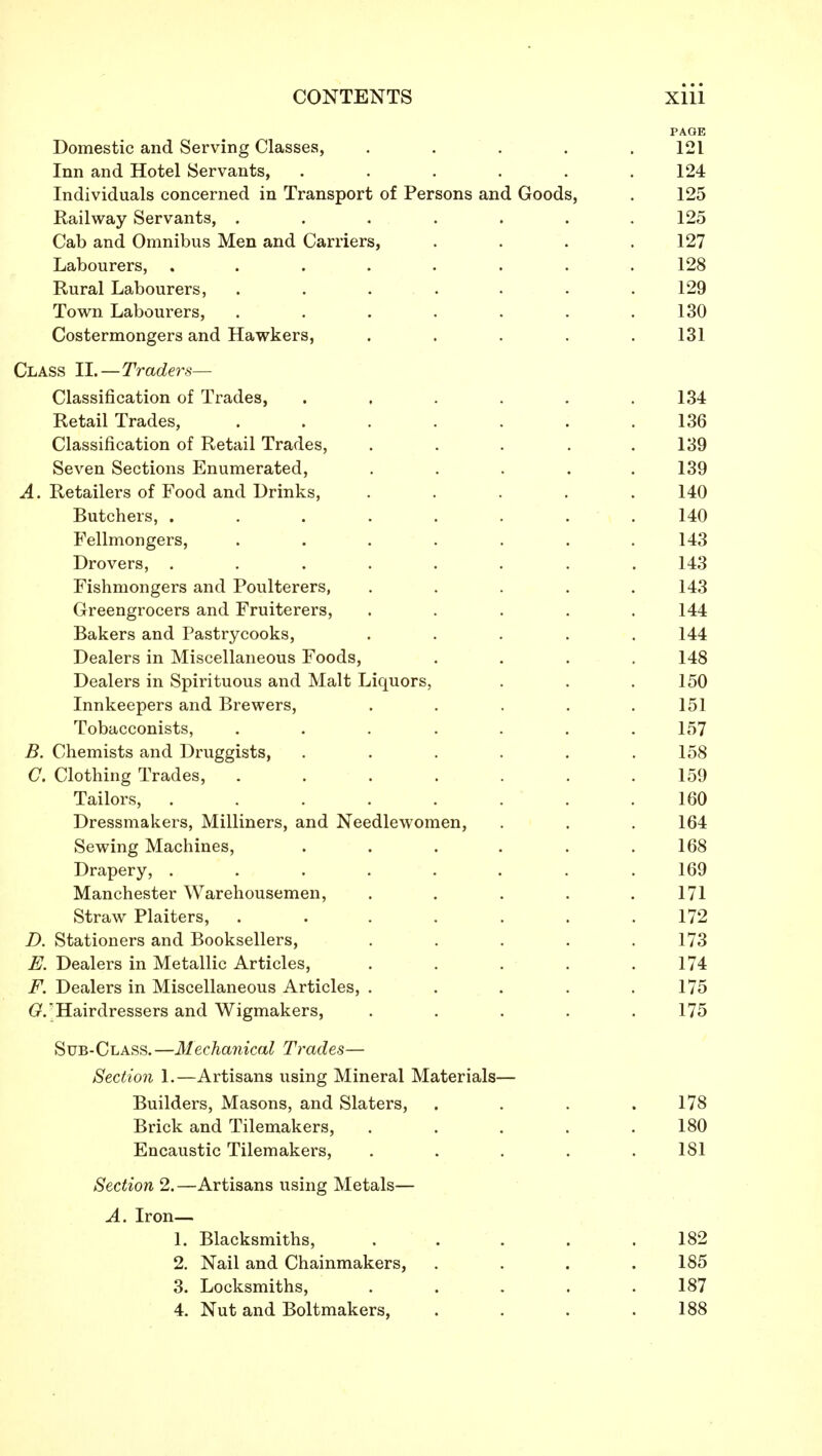 PAGE Domestic and Serving Classes, ..... 121 Inn and Hotel Servants, ...... 124 Individuals concerned in Transport of Persons and Goods, . 125 Railway Servants, ....... 125 Cab and Omnibus Men and Carriers, .... 127 Labourers, ........ 128 Rural Labourers, . . . . . . .129 Town Labourers, . . . . . . .130 Costermongers and Hawkers, ..... 131 Class IL—Traders— Classification of Trades, ...... 134 Retail Trades, ....... 136 Classification of Retail Trades, . . . . .139 Seven Sections Enumerated, ..... 139 A. Retailers of Food and Drinks, ..... 140 Butchers, ........ 140 Fellmongers, . . . . . . .143 Drovers, ........ 143 Fishmongers and Poulterers, . . . . .143 Greengrocers and Fruiterers, ..... 144 Bakers and Pastrycooks, ..... 144 Dealers in Miscellaneous Foods, .... 148 Dealers in Spirituous and Malt Liquors, . . . 150 Innkeepers and Brewers, ..... 151 Tobacconists, ....... 157 B. Chemists and Druggists, . . . . . .158 C. Clothing Trades, ....... 159 Tailors, ........ 160 Dressmakers, Milliners, and Needlewomen, . . . 164 Sewing Machines, . . . . . .168 Drapery, ........ 169 Manchester Warehousemen, . . . . .171 Straw Plaiters, ....... 172 D. Stationers and Booksellers, . . . . .173 E. Dealers in Metallic Articles, . . . . .174 F. Dealers in Miscellaneous Articles, . . . . .175 (r. Hairdressers and Wigmakers, . . , . .175 Sub-Class. —Mechanical Trades— Section 1.—Artisans using Mineral Materials— Builders, Masons, and Slaters, .... 178 Brick and Tilemakers, ..... 180 Encaustic Tilemakers, ..... 181 Section 2. —Artisans using Metals— A. Iron— 1. Blacksmiths, ..... 182 2. Nail and Chainmakers, . . . .185 3. Locksmiths, ..... 187 4. Nut and Boltmakers, .... 188