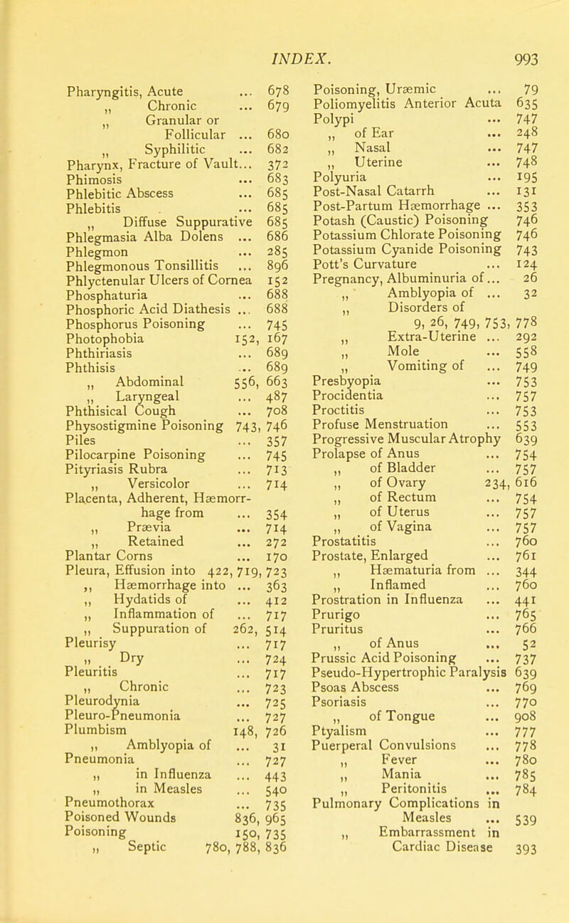 Pharyngitis, Acute ... 678 „ Chronic ... 679 „ Granular or Follicular ... 680 „ Syphilitic ... 682 Pharynx, Fracture of Vault... 372 Phimosis ... 683 Phlebitic Abscess ... 685 Phlebitis ... 685 „ Diffuse Suppurative 685 Phlegmasia Alba Dolens ... 686 Phlegmon ... 285 Phlegmonous Tonsillitis ... 896 Phlyctenular Ulcers of Cornea 152 Phosphaturia ... 688 Phosphoric Acid Diathesis ... 688 Phosphorus Poisoning ... 745 Photophobia 152, 167 Phthiriasis ... 689 Phthisis ... 689 „ Abdominal 556, 663 „ Laryngeal ... 487 Phthisical Cough ... 708 Physostigmine Poisoning 743, 746 Piles ... 357 Pilocarpine Poisoning ... 745 Pityriasis Rubra ... 713 „ Versicolor ... J 14. Placenta, Adherent, Haemorr- hage from ... 354 ,, Praevia ... 714 „ Retained ... 272 Plantar Corns ... 170 Pleura, Effusion into 422, 719, 723 Haemorrhage into ... 363 ,, Hydatids of ... 412 ,, Inflammation of ... 717 „ Suppuration of 262, 514 Pleurisy ... 717 ,, Dry ... 724 Pleuritis ... 717 „ Chronic ... 723 Pleurodynia ... 725 Pleuro-Pneumonia ... 727 Plumbism 148, 726 „ Amblyopia of ... 31 Pneumonia ... 727 ,, in Influenza ... 443 „ in Measles ... 540 Pneumothorax ... 735 Poisoned Wounds 836, 965 Poisoning 150, 735 „ Septic 780, 788, 836 Poisoning, Uraemic ... 79 Poliomyelitis Anterior Acuta 635 Polypi ... 747 „ of Ear ... 248 „ Nasal ... 747 „ Uterine ... 74^ Polyuria ... 195 Post-Nasal Catarrh ... 131 Post-Partum Haemorrhage ... 353 Potash (Caustic) Poisoning 746 Potassium Chlorate Poisoning 746 Potassium Cyanide Poisoning 743 Pott's Curvature ... 124 Pregnancy, Albuminuria of... 26 „ Amblyopia of ... 32 „ Disorders of 9, 26, 749, 753, 778 ,, Extra-Uterine ... 292 „ Mole ... 558 „ Vomiting of ... 749 Presbyopia ... 753 Procidentia ... 757 Proctitis ... 753 Profuse Menstruation ... 553 Progressive Muscular Atrophy 639 Prolapse of Anus ... 754 „ of Bladder ... 757 „ of Ovary 234, 616 „ of Rectum ... 754 „ of Uterus ... 757 „ _ of Vagina ... 757 Prostatitis ... 760 Prostate, Enlarged ... 761 „ Haematuria from ... 344 „ Inflamed ... 760 Prostration in Influenza ... 441 Prurigo ... 765 Pruritus ... 766 „ of Anus ... 52 Prussic Acid Poisoning ... 737 Pseudo-Hypertrophic Paralysis 639 Psoas Abscess ... 769 Psoriasis ... 77° „ of Tongue ... 908 Ptyalism ... 777 Puerperal Convulsions ... 778 „ Fever ... 780 „ Mania ... 785 „ Peritonitis ... 784 Pulmonary Complications in Measles ... 539 ,, Embarrassment in Cardiac Disease 393