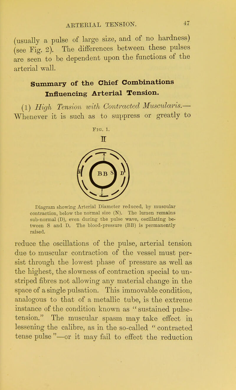 (usually a pulse of large size, and of no hardness) (see Fig. 2). The differences between these pulses are seen to be dependent upon the functions of the arterial wall. Summary of the Chief Combinations Influencing Arterial Tension. (1) High Tension with Contracted Muscularis.— Whenever it is such as to suppress or greatly to Fig. l. IT Diagram showing Arterial Diameter reduced, by muscular contraction, below the normal size (N). The lumen remains sub-normal (D), even during the pulse wave, oscillating be- tween S and D. The blood-pressure (BB) is permanently- raised. reduce the oscillations of the pulse, arterial tension due to muscular contraction of the vessel must per- sist through the lowest phase of pressure as well as the highest, the slowness of contraction special to un- striped fibres not allowing any material change in the space of a single pulsation. This immovable condition, analogous to that of a metallic tube, is the extreme instance of the condition known as sustained pulse- tension. The muscular spasm may take effect in lessening the calibre, as in the so-called  contracted tense pulse —or it may fail to effect the reduction