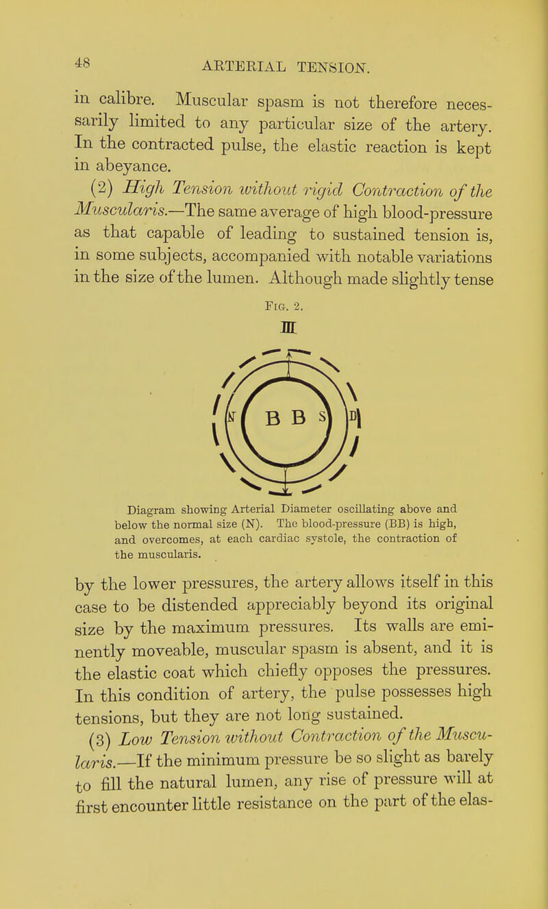 in calibre. Muscular spasm is not therefore neces- sarily limited to any particular size of the artery. In the contracted pulse, the elastic reaction is kept in abeyance. (2) High Tension without rigid Contraction of the Muscularis —-The same average of high blood-pressure as that capable of leading to sustained tension is, in some subjects, accompanied with notable variations in the size of the lumen. Although made slightly tense FtG. 2. Diagram showing Arterial Diameter oscillating above and below the normal size (N). The blood-pressure (BB) is high, and overcomes, at each cardiac systole, the contraction of the muscularis. by the lower pressures, the artery allows itself in this case to be distended appreciably beyond its original size by the maximum pressures. Its walls are emi- nently moveable, muscular spasm is absent, and it is the elastic coat which chiefly opposes the pressures. In this condition of artery, the pulse possesses high tensions, but they are not long sustained. (3) Low Tension without Contraction of the Muscu- laris. If the minimum pressure be so slight as barely to fill the natural lumen, any rise of pressure will at first encounter little resistance on the part of the elas-