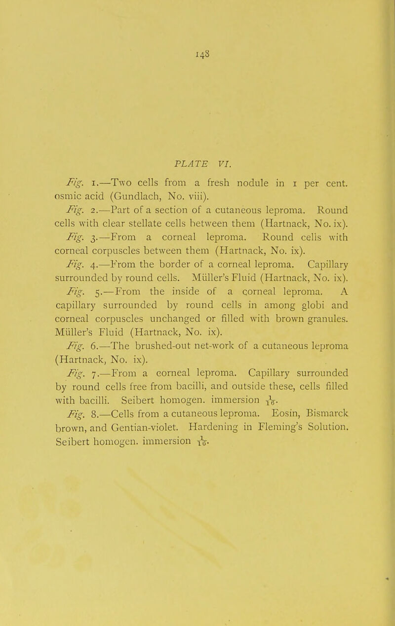PLATE VI. Fig. I.—Two cells from a fresh nodule in i per cent, osmic acid (Gundlach, No. viii). Fig. 2.—Part of a section of a cutaneous leproma. Round cells with clear stellate cells between them (Hartnack, No. ix). Fig. 3.—From a corneal leproma. Round cells with corneal corpuscles between them (Hartnack, No. ix). Fig. 4.—From the border of a corneal leproma. Capillary surrounded by round cells. Miiller's Fluid (Hartnack, No. ix). Fig. 5.—From the inside of a corneal leproma. A capillary surrounded by round cells in among globi and corneal corpuscles unchanged or filled with brown granules. Miiller's Fluid (Hartnack, No. ix). Fig. 6.—The brushed-out net-work of a cutaneous leproma (Hartnack, No. ix). Fig. 7.—From a corneal leproma. Capillary surrounded by round cells free from bacilli, and outside these, cells filled with bacilli. Seibert homogen, immersion ^. Fig. 8.—Cells from a cutaneous leproma. Eosin, Bismarck brown, and Gentian-violet. Hardening in Fleming's Solution. Seibert homogen, immersion