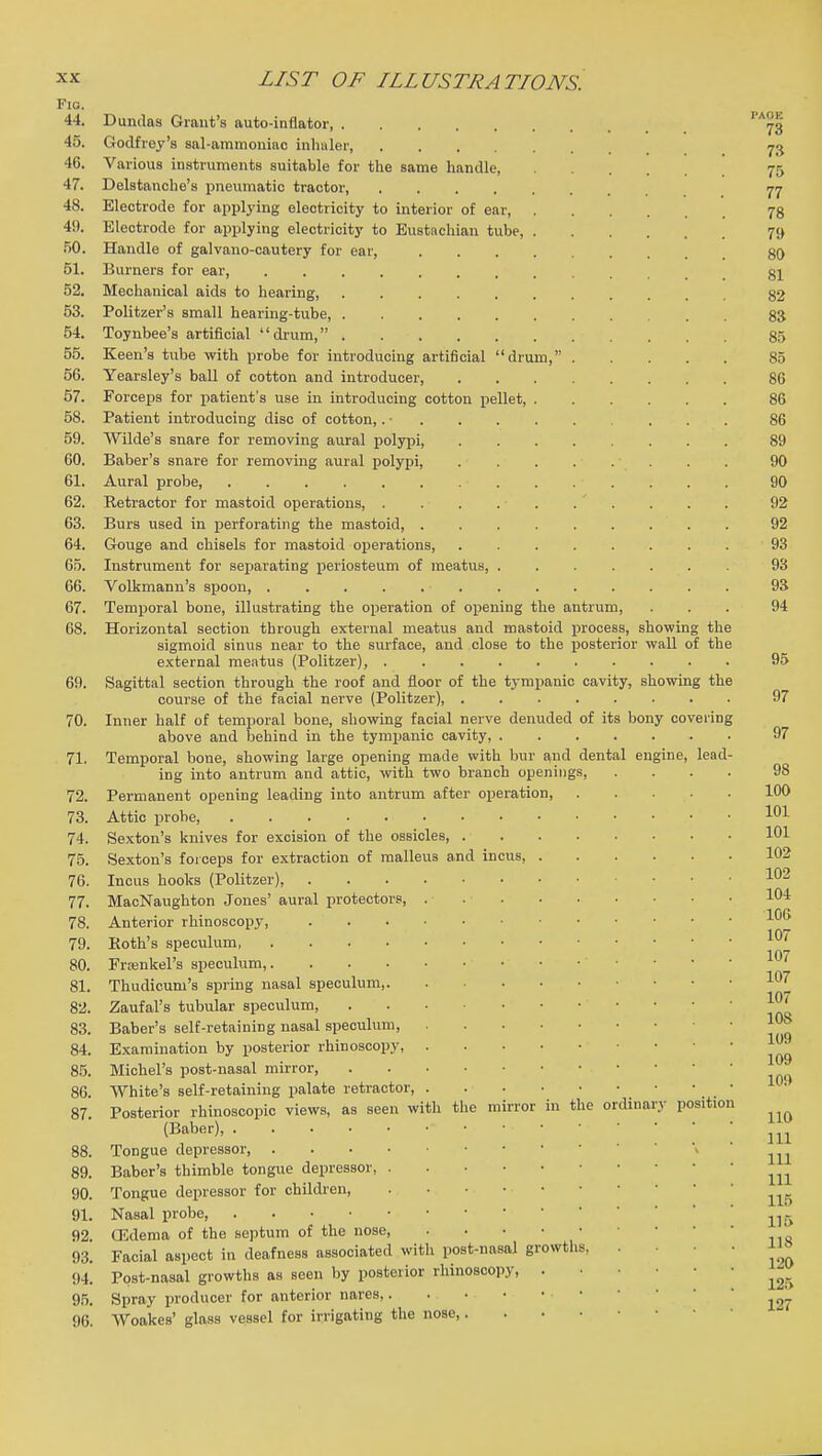 Fio. 44. Dundas Grant's auto-inflator ''^73 45. Godfrey's sal-ammouiac inhaler 73 46. Various instruments suitable for the same handle, 75 47. Delstanche's pneumatic tractor 77 48. Electrode for applying electricity to interior of ear, 78 49. Electrode for applying electricity to Eustachian tube, 79 .iO. Handle of galvano-cautery for ear, 80 51. Burners for ear, gj^ 52. Mechanical aids to hearing 82 53. Politzer's small hearing-tube, 83 54. Toynbee's artificial drum, 85 55. Keen's tube with probe for introducing artificial drum, 85 56. Yearsley's ball of cotton and introducer, 86 57. Forceps for patient's use in introducing cotton pellet, 86 58. Patient introducing disc of cotton,. ■ 86 59. Wilde's snare for removing aural polypi, 89 60. Baber's snare for removing aural polypi, 90 61. Aural probe, 90 62. Retractor for mastoid operations 92 63. Burs used in perforating the mastoid, 92 64. Gouge and chisels for mastoid operations, 93 65. Instrument for separating periosteum of meatus, ....... 93 66. Volkmann's spoon, 93 67. Temporal bone, illustrating the operation of opening the antrum, ... 94 68. Horizontal section through external meatus and mastoid process, showing the sigmoid sinus near to the surface, and close to the posterior wall of the external meatus (Politzer), 95 69. Sagittal section through the roof and floor of the tympanic cavity, showing the course of the facial nerve (Politzer), 97 70. Inner half of temporal bone, showing facial nerve denuded of its bony covering above and behind in the tympanic cavity, 97 71. Temporal bone, showing large opening made with bur and dental engine, lead- ing into antrum and attic, with two branch openings, .... 98 72. Permanent opening leading into antrum after operation 100 73. Attic probe, 101 74. Sexton's knives for excision of the ossicles 101 76. Sexton's foiceps for extraction of malleus and incus, 102 76. Incus hooks (Politzer), 77. MacNaughton Jones' aural protectors, 104 78. Anterior rhinoscopy, 10^ 79. Koth's speculum 107 80. Prienkel's speculum, 10^ 81. Thudicum's spring nasal speculum, 107 82. Zaufal's tubular speculum 107 83. Baber's self-retaining nasal speculum, 10* 84. Examination by posterior rhinoscopy, 85. Michel's post-nasal mirror, 86. White's self-retaining palate retractor 87 Posterior rhinoscopic views, as seen with the mirror in the ordinary position (Baber), JJ^ 88. Tongue depressor ' ill 89. Baber's thimble tongue depressor, 90. Tongue depressor for children, 91. Nasal probe, ^^^^ 92. Oidema of the septum of the nose 93. Facial aspect in deafness associated with post-nasal growths, ■ ' \1 94. Ppst-nasal growths as seen by posterior rhinoscopy 9.5. Spray producer for anterior nares 96. Woakes' glass vessel for irrigating the nose,