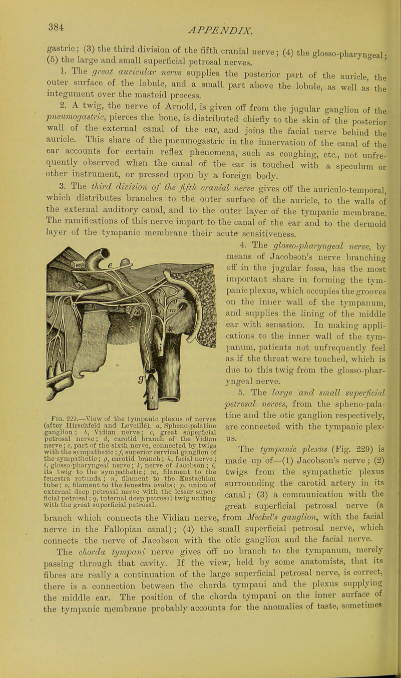 gastric; (3) tl.e third division of the fifth cranial nerve; (4) the glosso-pharyn-eal• (5) the large and small superficial petrosal nerves. ° ' 1. The great auricular nerve supplies the posterior part of the auricle the outer surface of the lobule, and a small, part above the lobule, as well as the integument over the mastoid process. 2. A twig, the nerve of Arnold, is given off from the jugular ganglion of the pneumogastric, pierces the bone, is distributed chiefly to the skin of the po.sterior wall of the external canal of the ear, and joins the facial nerve behind the auricle. This share of the pneumogastric in the innervation of the canal of the ear accounts for certain reflex phenomena, such as coughing, etc., not unfre- quently observed when the canal of the ear is touched with a speculum or other instrument, or pressed upon by a foreign body. 3. The third division of the fifth cranial nerve gives off the auriculo-temporal, which distributes branches to the outer surface of the auricle, to the walls of the external auditory canal, and to the outer layer of the tympanic membrane. The ramifications of this nerve impart to the canal of the ear and to the dermoid layer of the tympanic membrane their acute sensitiveness. 4. The glosso-phanjngeal nerve, by means of Jacobson's nerve branchino- O off in the jugular fossa, has the most important share in forming the tym- panic plexus, which occupies the grooves on the inner wall of the tympanum, and supplies the lining of the middle ear with sensation. In making appli- cations to the inner wall of the tym- panum, patients not unfrequently feel as if the throat were touched, which is due to this twig from the glosso-phar- yngeal nei've. 5. The large and small superficial petrosal nerves, from the si^heno-pala- tine and the otic ganglion respectively, are connected with the tympanic plex- us. The tympanic ple.vus (Fig. 229) is made up of—(1) Jacobson's nerve ; (2) twigs from the sympathetic plexus surrounding the carotid artery in its canal ; (3) a communication with the great superficial petrosal nerve (a branch which connects the Vidian nerve, from Meckel's ganglion, with the facial nerve in the Fallopian canal); (4) the small superficial petrosal nerve, which connects the nerve of Jacobson with the otic ganglion and the facial nerve. The chorda tympani nerve gives ofl' no branch to the tympanum, merely passing through that cavity. If the view, held by some anatomists, that its fibres are really a continuation of the large superficial petrosal nerve, is correct, there is a connection between the chorda tympani and tlie plexus supplying the middle ear. The position of the chorda tympani on the inner surface of the tympanic membrane probably accounts for the anomalies of taste, sometimes Fig. 229.—View of the tympanic plexus nf nerves (after Hir.sehfeld .ind Leveille). a, Splieno-palatine ganglion ; b, Vidian nerve; c, great superficial petrosal nerve; d, carotid branch of the Vidian nerve ; c, part of the si.vth nerve, connected by twigs with the sympathetic ; /, superior cervical ganglion of the sympathetic; g, carotid branch ; A, facial nerve ; i, glosso-jjharyngeal nerve; k, nerve of Jacobson ; I, its twig to the sympathetic; in, filament to the fenestra rotunda; ii, filament to the Eustachian tube ; 0, filament to the fenestra ovali.t; p, union of external deep petrosal nerve with the lesser super- ficial petrosal; q, internal deep petrosal twig uniting with the great superficial petrosal.