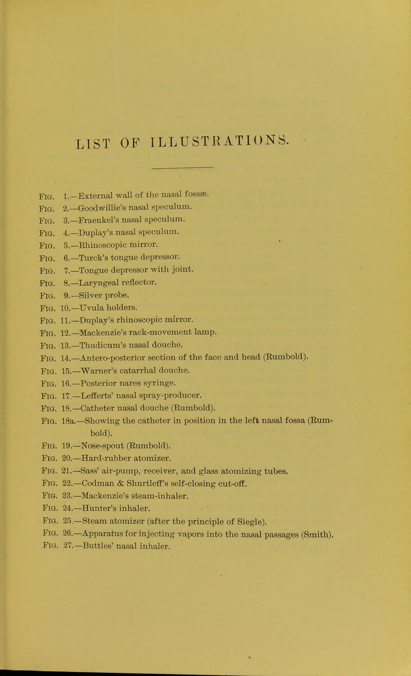 LIST OF ILLUSTRATIONS. Fig. 1.—External wall of the nasal fossse. Fig. 2.—Goodwillie's nasal speculum. Fig. 3.—Fi-aenkel's nasal speculum. Fig. 4.—Duplay's nasal speculum. Fig. 5.—Rhinoscopic mirror. Fig. 6.—Turck's tongue depressor. YiG. 7.—Tongue depressor with joint. Fig. 8.—Laryngeal reflector. Fig. 9.—Silver probe. Fig. 10.—Uvida holders. Fig. 11.—Duplay's rhinoscopic mirror. Fig. 12.—Mackenzie's rack-movement lamp. Fig. 13.—Thudicum's nasal douche. Fig. 14.—Antero-posterior section of the face and head (Rumbold). Fig. 15.—Warner's catarrhal douche. Fig. 16.—Posterior nares syringe. FiQ. 17—Lefferts' nasal spray-producer. Fig. 18.—Catheter nasal douche (Rumbold). Fig. 18a.—Showing the catheter in position in the left nasal fossa (Rum- bold). Fig. 19.—Nose-spout (Rumbold). Fig. 20.—Hard-rubber atomizer. Fig. 21.—Sass' air-pump, receiver, and glass atomizing tubes. Fig. 22.—Codman & Shurtleff's self-closing cut-off. Fig. 23.—Mackenzie's steam-inhaler. Fig. 24.—Hunter's inhaler. Fig. 25.—Steam atomizer (after the principle of Siegle). Fig. 26.—Apparatus for injecting vapors into the nasal passages (Smith). Fig. 27.—Buttles' nasal inhaler.