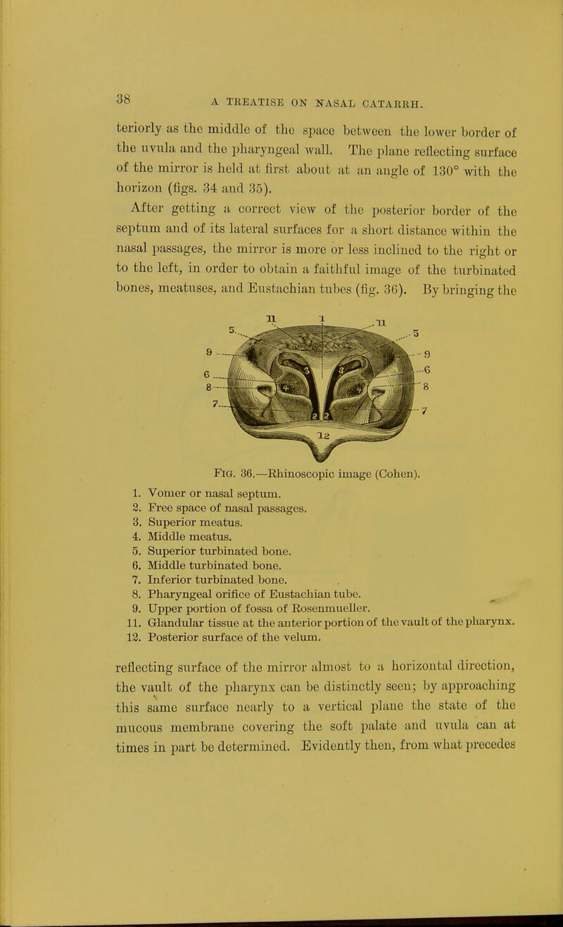 teriorly as the middle of the space between the lower border of the uvula and the pharyngeal wall. The plane reflecting surface of the mirror is held at first about at an angle of 130° with the horizon (figs. 34 and 35). After getting a correct view of the posterior border of the septum and of its lateral surfaces for a short distance within the nasal passages, the mirror is more or less inclined to the right or to the left, in order to obtain a faithful image of the turbinated bones, meatuses, and Eustachian tubes (fig. 30). By bringing the Fig. 36.—Rhinoscopic image (Cohen). 1. Vomer or nasal septum. 2. Fi-ee space of nasal passages. 3. Superior meatus. 4. Middle meatus. 5. Superior turbinated bone. 6. Middle turbinated bone. 7. Inferior turbinated bone. 8. Pharyngeal orifice of Eustachian tube. 9. Upper portion of fossa of Rosenmueller. 11. Glandular tissue at the anterior portion of the vault of the pharynx. 12. Posterior surface of the velum. reflecting surface of the mirror almost to a horizontal direction, the vault of the pharynx can be distinctly seen; by approaching this same surface nearly to a vertical plane the state of the mucous membrane covering the soft palate and uvula can at times in part be determined. Evidently then, from what precedes