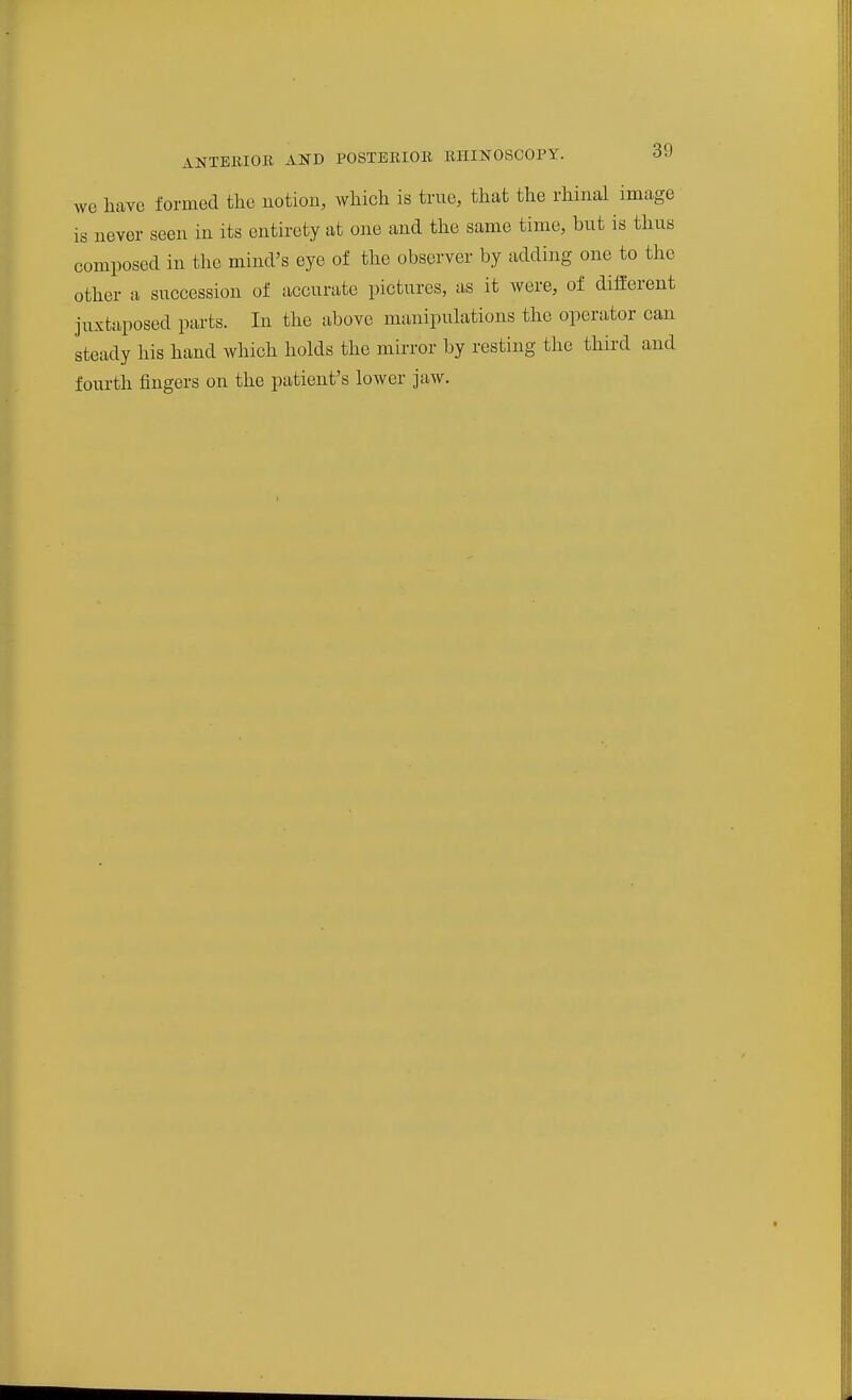we have formed the notion, which is true, that the rhinal image is never seen in its entirety at one and the same time, but is thus composed in the mind's eye of the observer by adding one to the other a succession of accurate pictures, as it were, of different juxtaposed parts. In the above manipuhxtions the operator can steady his hand which holds the mirror by resting the third and fourth fingers on the patient's lower jaw.