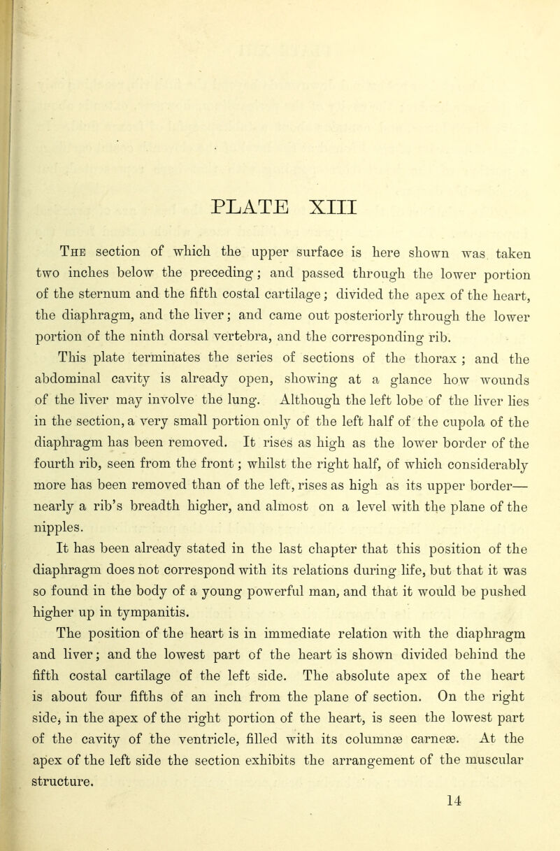 The section of which, the upper surface is here shown was taken two inches below the preceding; and passed through the lower portion of the sternum and the fifth costal cartilage; divided the apex of the heart, the diaphragm, and the liver; and came out posteriorly through the lower portion of the ninth dorsal vertebra, and the corresponding rib. This plate terminates the series of sections of the thorax ; and the abdominal cavity is already open, showing at a glance how wounds of the liver may involve the lung. Although the left lobe of the liver hes in the section, a very small portion only of the left half of the cupola of the diaphragm has been removed. It rises as high as the lower border of the fourth rib, seen from the front; whilst the right half, of which considerably more has been removed than of the left, rises as high as its upper border— nearly a rib's breadth higher, and almost on a level with the plane of the nipples. It has been already stated in the last chapter that this position of the diaphragm does not correspond with its relations during life, but that it was so found in the body of a young powerful man, and that it would be pushed higher up in tympanitis. The position of the heart is in immediate relation with the diaphragm and liver; and the lowest part of the heart is shown divided behind the fifth costal cartilage of the left side. The absolute apex of the heart is about four fifths of an inch from the plane of section. On the right side^ in the apex of the right portion of the heart, is seen the lowest part of the cavity of the ventricle, filled with its columnse carnese. At the apex of the left side the section exhibits the arrangement of the muscular structure. 14