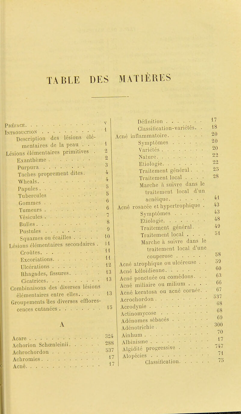 TABLE DES MATIÈRES Préface Introduction ■ Description des lésions élé- mentaires de la peau . . • Lésions élémentaires primitives . Exanthème Purpura Taches proprement dites. Wheals Papules... Tubercules Gommes Tumeurs ... Vésicules Bulles Pustules Squames ou écailles ..... Lésions élémentaires secondaires . Croûtes Excoriations • ■ Ulcérations Rhagades, fissures. . . Cicatrices Combinaisons des diverses lésions élémentaires entre elles Groupements cles diverses efflores- cences cutanées Acarc Achorion Schœnleinii. Achrochordon . . . • Achromies Acné Y 1 l 2 2 3 4 4 5 5 6 6 7 8 9 10 11 11 11 12 13 13 13 15 324 288 537 17 17 Définition Classification-variétés. Acné inllammatoire Symptômes Variétés Nature Eliologie. Traitement général. . ■ Traitement local . . . • Marche à suivre dans le traitement local d'un acnéique Acné rosacée et hypertrophique . Symptômes Eliologie Traitement général. • Traitement local . . ■ ■ Marche à suivre dans le traitement local d'une couperose Acné atrophique ou ulcéreuse . . Acné kéloïdienne. ■ . ^ Acné ponctuée ou comédons. . . Acné miliaire ou milium • • • • Acné keratosa ou acné cornée. . Acrochordon Acrodynie . . . • Actinomycose Adénomes sébacés Adénotrichie . . Ainhum Albinisme Algiditc progressive . ... Alopécies Classification. 17 18 20 20 20 22 22 25 28 41 43 43 48 49 51 S8 59 60 63 66 67 537 68 68 69 300 70 17 747 71 75