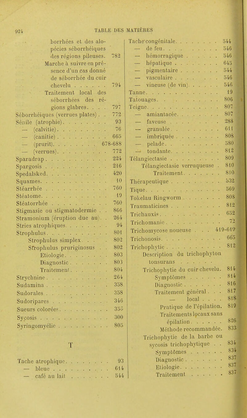 t 924 TABLE DES borrhées et des alo- pécies séborrhéiques fies régions pileuses. 782 Marche à suivre en pré- sence d'un .cas donné de séborrhée du cuir chevelu 794 Traitement local des séborrhées des ré- gions glabres. . . . 797 Séborrhéiques (verrues plates) . . 772 Sénile (atrophie) 93 — (calvitie) 76 — (canitie) 665 — (prurit) 678-688 — (verrues) 772 Sparadrap 224 Spargosis 216 Spedalsked 420 Squames 10 Sléarrhée 760 Stéatome 19 Stéatorrhée 760 Stigmasie ou stigmatodermie . . 866 Stramonium (éruption due au). . 264 Stries atrophiques 94 SlrophuUis 801 Strophulus simplex. . . . 802 Sfrophulus pruriginosus . . 802 Etiologie 803 Diagnostic 803 Traitement 804 Strychnine 264 Sudamina 338. Sudorales 358 Sudoripares 346 Sueurs colorée? 3oo Sycosis 300 Syringomyélie 80o T Tache atrophiquc 93 — bleue 614 — café au lail S44 — pigmentaire . . — vasculaire . . . — vineuse [de vin). Tanne MATIERES Tache'congénilale 344 — de feu 340 — hémorragique 340 — hépatique 64:j 344 346 546 19 Tatouages 806 Teigne 807 — amiantacée 807 — faveuse 283 — granulée 611 — imbriquée 808 — pelade 380 — tondante 812 Télangiectasie 809 Télangiectasie verruqueuse . 810 Traitement 810 Thérapeutique 332 Tique 369 Tokelau Ringworm 80S Traumaticines 812 Trichauxis ^'^^ Trichomanic ^2 Trichomycose noueuse . . . 419-619 Trichonosis 66o Trichophytie 812 DesciMption du Irichophyton tonsurans Trichophytie du cuir chevelu. 814 Symptôme? *^14 816 817 818 819 Diagnostic Traitement général. • • — local .... Pratique de l'épilation. Traitements Içcaux sans épilation 826 Méthode recommandée. 833 Trichophytie de la barbe ou syoosis Irichophytiquc . . 834 Symptômes ^34- Diagnostic 83^ Etiologie Traitement §37