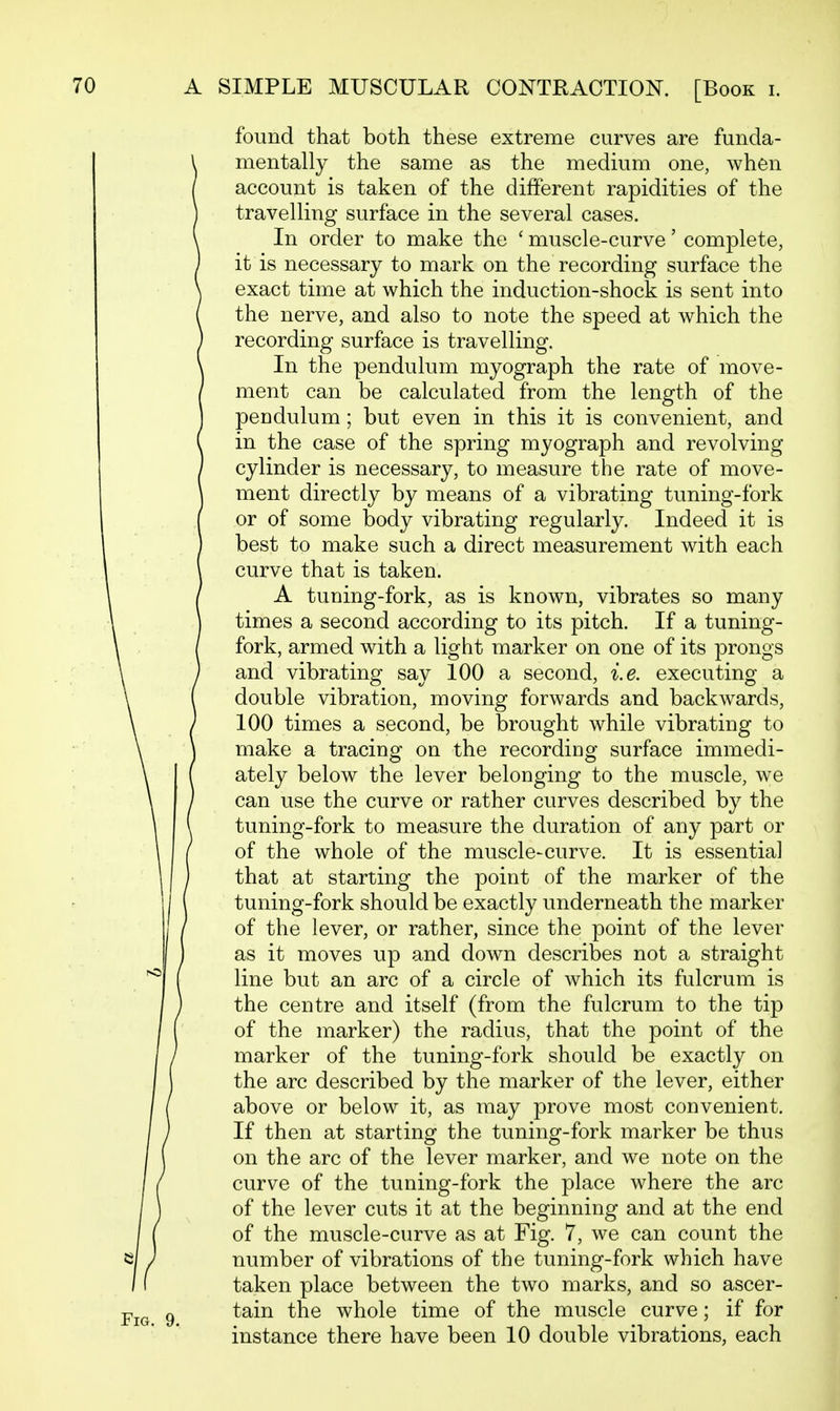 found that both these extreme curves are funda- mentally the same as the medium one, when account is taken of the different rapidities of the travelling surface in the several cases. In order to make the ' muscle-curve' complete, it is necessary to mark on the recording surface the exact time at which the induction-shock is sent into the nerve, and also to note the speed at which the recording surface is travelling. In the pendulum myograph the rate of move- ment can be calculated from the length of the pendulum; but even in this it is convenient, and in the case of the spring myograph and revolving cylinder is necessary, to measure the rate of move- ment directly by means of a vibrating tuning-fork or of some body vibrating regularly. Indeed it is best to make such a direct measurement with each curve that is taken. A tuning-fork, as is known, vibrates so many times a second according to its pitch. If a tuning- fork, armed with a light marker on one of its prongs and vibrating say 100 a second, i.e. executing a double vibration, moving forwards and backwards, 100 times a second, be brought while vibrating to make a tracing on the recording surface immedi- ately below the lever belonging to the muscle, we can use the curve or rather curves described by the tuning-fork to measure the duration of any part or of the whole of the muscle-curve. It is essentia] that at starting the point of the marker of the tuning-fork should be exactly underneath the marker of the lever, or rather, since the point of the lever as it moves up and down describes not a straight line but an arc of a circle of which its fulcrum is the centre and itself (from the fulcrum to the tip of the marker) the radius, that the point of the marker of the tuning-fork should be exactly on the arc described by the marker of the lever, either above or below it, as may prove most convenient. If then at starting the tuning-fork marker be thus on the arc of the lever marker, and we note on the curve of the tuning-fork the place where the arc of the lever cuts it at the beginning and at the end of the muscle-curve as at Fig. 7, we can count the number of vibrations of the tuning-fork which have taken place between the two marks, and so ascer- tain the whole time of the muscle curve; if for