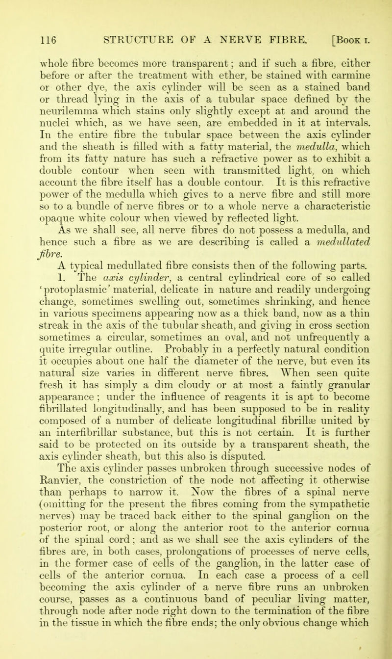 whole fibre becomes more transparent; and if such a fibre, either before or after the treatment with ether, be stained with carmine or other dye, the axis cylinder will be seen as a stained band or thread Mng in the axis of a tubular space dehned by the neurilemma which stains only slightly except at and around the nuclei which, as we have seen, are embedded in it at intervals. In the entire fibre the tubular space between the axis cylinder and the sheath is filled with a fatty material, the medulla, which from its fatty nature has such a refractive power as to exhibit a double contour when seen mth transmitted light, on which account the fibre itself has a double contour. It is this refractive power of the medulla which gives to a nerve fibre and still more so to a bundle of nerve fibres or to a whole nerve a characteristic opaque white colour when viewed by reflected light. As we shall see, all nerve fibres do not possess a medulla, and hence such a fibre as we are describing is called a medidlated fhre. A t^i^ical medullated fibre consists then of the following parts. 1. The axis cylinder, a central cylindrical core of so called 'protoplasmic'material, delicate in nature and readily undergoing change, sometimes swelling out, sometimes shrinking, and hence in various specimens appearing now as a thick band, now as a thin streak in the axis of the tubular sheath, and giving in cross section sometimes a circular, sometimes an oval, and not unfrequently a quite irregular outline. Probably in a perfectly natural condition it occupies about one half the diameter of the nerve, but even its natural size varies in different nerve fibres. When seen quite fresh it has simply a dim cloudy or at most a faintly granular appearance ; under the influence of reagents it is apt to become fibrillated longitudinally, and has been supposed to be in reality composed of a number of delicate longitudinal fibrillar united by an interfibrillar substance, but this is not certain. It is further said to be protected on its outside by a transparent sheath, the axis cylinder sheath, but this also is disputed. The axis cylinder passes unbroken through successive nodes of Ramder, the constriction of the node not affecting it otherwise than perhaps to narrow it. Now the fibres of a spinal nerve (omitting for the present the fibres coming from the sympathetic nerves) may be traced back either to the spinal ganglion on the posterior root, or along the anterior root to the anterior cornua of the spinal cord; and as we shall see the axis cylinders of the fibres are, in both cases, prolongations of processes of nerve cells, in the former case of cells of the ganglion, in the latter case of cells of the anterior cornua. In each case a process of a cell becoming the axis C3dinder of a nerve fibre runs an unbroken course, passes as a continuous band of peculiar living matter, through node after node right do«TL to the termination of the fibre in the tissue in which the fibre ends ; the only obvious change which