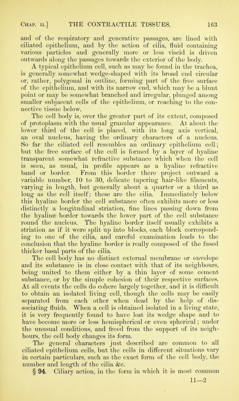 and of the respiratory and generative passages, are lined with ciliated epithelium, and by the action of cilia, fluid containing various particles and generally more or less viscid is driven outwards along the passages towards the exterior of the body. A typical epithelium cell, such as may be found in the trachea, is generally somewhat wedge-shaped with its broad end circular or, rather, polygonal in outline, iPorming part of the free surface of the epithelium, and with its narrow end, which may be a blunt point or may be somewhat branched and irregular, plunged among smaller subjacent cells of the epithelium, or reaching to the con- nective tissue below. The cell body is, over the greater part of its extent, composed of protoplasm with the usual granular appearance. At about the lower third of the cell is placed, with its long axis vertical, an oval nucleus, having the ordinary characters of a nucleus. So far the ciliated cell resembles an ordinary epithelium cell; but the free surface of the cell is formed by a layer of hyaline transparent somewhat refractive substance which when the cell is seen, as usual, in profile appears as a hyaline refractive band or border. From this border there project outward a variable number, 10 to 30, delicate tapering hair-like filaments, varying in length, but generally about a quarter or a third as long as the cell itself; these are the cilia. Immediately below this hyaline border the cell substance often exhibits more or less distinctly a longitudinal striation, fine lines passing down from the hyaline border towards the lower part of the cell substance round the nucleus. The hyaline border itself usually exhibits a striation as if it were split up into blocks, each block correspond- ing to one of the cilia, and careful examination leads to the conclusion that the hyaline border is really composed of the fused thicker basal parts of the cilia. The cell body has no distinct external membrane or envelope and its substance is in close contact with that of its neighbours, being united to them either by a thin layer of some cement substance, or by the simple cohesion of their respective surfaces. At all events the cells do cohere largely together, and it is difficult to obtain an isolated living cell, though the cells may be easily separated from each other when dead by the help of dis- sociating fluids. When a cell is obtained isolated in a living state, it is very frequently found to have lost its wedge shape and to have become more or less hemispherical or even spherical; under the unusual conditions, and freed from the support of its neigh- bours, the cell body changes its form. The general characters just described are common to all ciliated epithelium cells, but the cells in different situations vary in certain particulars, such as the exact form of the cell body, the number and length of the cilia &c. § 94. Ciliary action, in the form in which it is most common 11—2