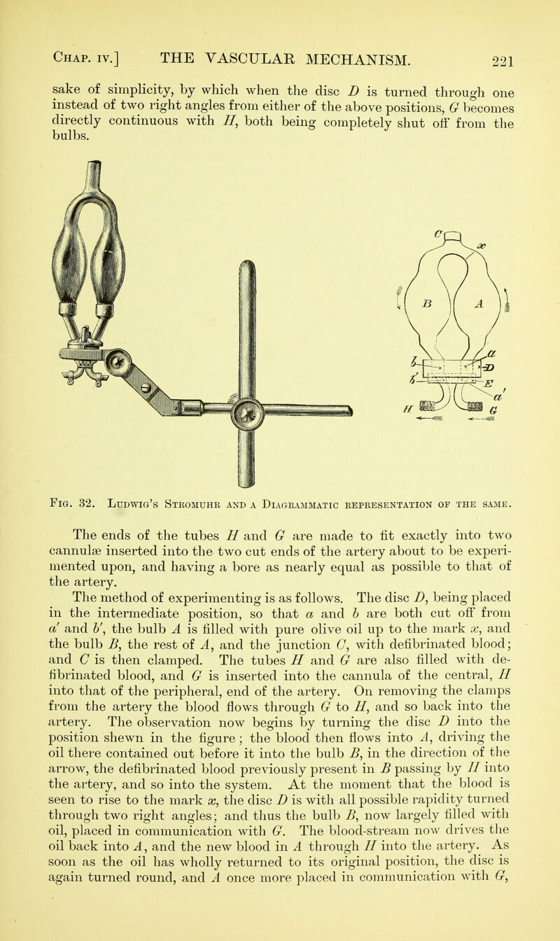 sake of simplicity, by which when the disc D is turned through one instead of two right angles from either of the above positions, G becomes directly continuous with //, both being completely shut off from the bulbs. Fig. 32. Ludwig's Stbomuhr and a Diagrammatic representation of the same. The ends of the tubes H and G are made to fit exactly into two cannulse inserted into the two cut ends of the artery about to be experi- mented upon, and having a bore as nearly equal as possible to that of the artery. The method of experimenting is as follows. The disc Z>, being placed in the intermediate position, so that a and h are both cut off from a! and h\ the bulb A is filled with pure olive oil up to the mark .t, and the bulb the rest of and the junction C, with defibrinated blood; and C is then clamped. The tubes H and G are also filled with de- fibrinated blood, and G is inserted into the cannula of the central, H into that of the peripheral, end of the artery. On removing the clamps from the artery the blood flows through G to ZT, and so back into the artery. The observation now begins by turning the disc D into the position shewn in the figure; the blood then fiows into J, driving the oil there contained out before it into the bulb in the direction of the arrow, the defibrinated blood previously present in B passing by // into the artery, and so into the system. At the moment that the blood is seen to rise to the mark the disc D is with all possible rapidity turned through two right angles; and thus the bulb i>, now largely filled with oil, placed in communication with G. The blood-stream now drives the oil back into A, and the new blood in A through II into the artery. As soon as the oil has wholly returned to its original position, the disc is again turned round, and A once more placed in communication with G,