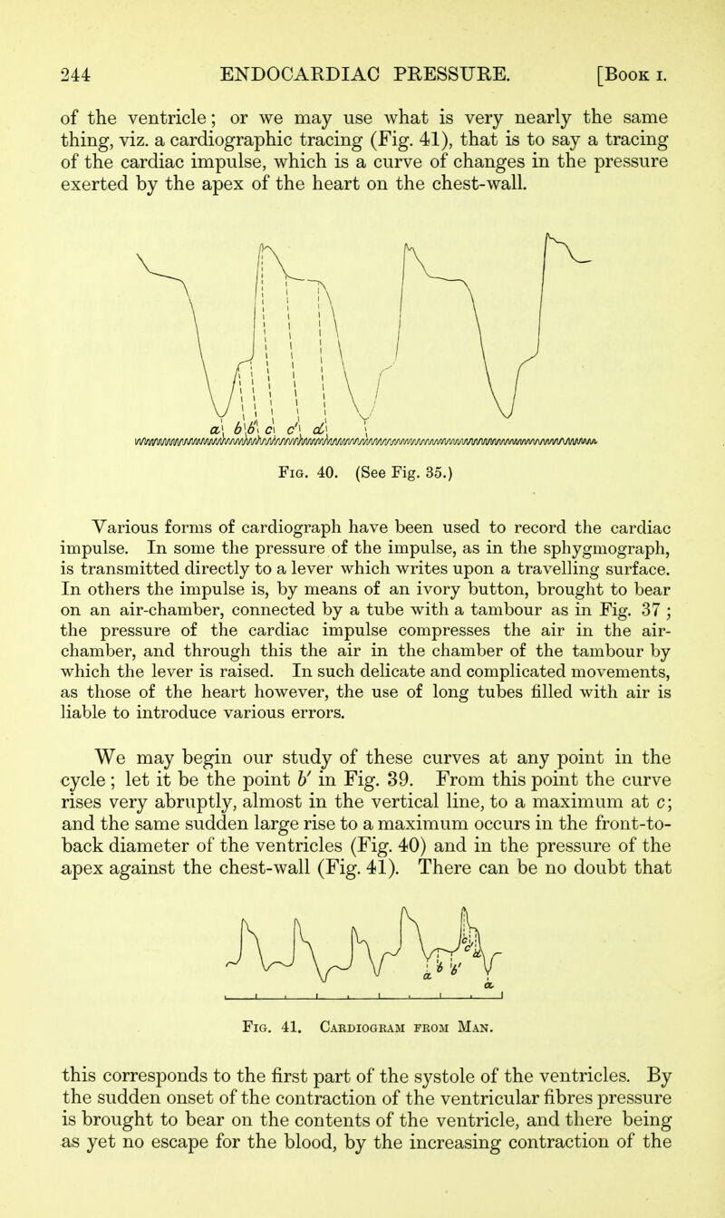 of the ventricle; or we may use what is very nearly the same thing, viz. a cardiographic tracing (Fig. 41), that is to say a tracing of the cardiac impulse, which is a curve of changes in the pressure exerted by the apex of the heart on the chest-wall. Various forms of cardiograph have been used to record the cardiac impulse. In some the pressure of the impulse, as in the sphygmograph, is transmitted directly to a lever which writes upon a travelling surface. In others the impulse is, by means of an ivory button, brought to bear on an air-chamber, connected by a tube with a tambour as in Fig. 37 ; the pressure of the cardiac impulse compresses the air in the air- chamber, and through this the air in the chamber of the tambour by which the lever is raised. In such delicate and complicated movements, as those of the heart however, the use of long tubes filled with air is liable to introduce various errors. We may begin our study of these curves at any point in the cycle ; let it be the point b' in Fig. 39. From this point the curve rises very abruptly, almost in the vertical line, to a maximum at c; and the same sudden large rise to a maximum occurs in the front-to- back diameter of the ventricles (Fig. 40) and in the pressure of the apex against the chest-wall (Fig. 41). There can be no doubt that Fig. 41. Cardiogram from Man. this corresponds to the first part of the systole of the ventricles. By the sudden onset of the contraction of the ventricular fibres pressure is brought to bear on the contents of the ventricle, and there being as yet no escape for the blood, by the increasing contraction of the