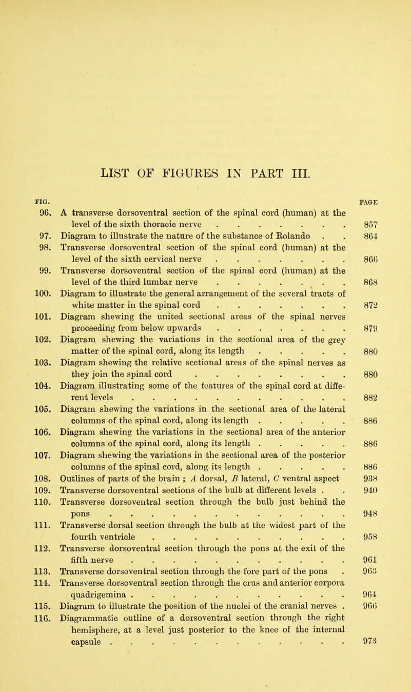 FIG. PAGE 96. A transverse dorsoventral section of the spinal cord (human) at the level of the sixth thoracic nerve 857 97. Diagram to illustrate the nature of the substance of Kolando . . 864 98. Transverse dorsoventral section of the spinal cord (human) at the level of the sixth cervical nerve 866 99. Transverse dorsoventral section of the spinal cord (human) at the level of the third lumbar nerve 868 100. Diagram to illustrate the general arrangement of the several tracts of white matter in the spinal cord 872 101. Diagram shewing the united sectional areas of the spinal nerves proceeding from below upwards 879 102. Diagram shewing the variations in the sectional area of the grey matter of the spinal cord, along its length 880 103. Diagram shewing the relative sectional areas of the spinal nerves as they join the spinal cord 880 104. Diagram illustrating some of the features of the spinal cord at diffe- rent levels 882 105. Diagram shewing the variations in the sectional area of the lateral columns of the spinal cord, along its length 886 106. Diagram shewing the variations in the sectional area of the anterior columns of the spinal cord, along its length 886 107. Diagram shewing the variations in the sectional area of the posterior columns of the spinal cord, along its length 886 108. Outlines of parts of the brain ; A dorsal, B lateral, G ventral aspect 938 109. Transverse dorsoventral sections of the bulb at different levels . . 940 110. Transverse dorsoventral section through the bulb just behind the pons 948 111. Transverse dorsal section through the bulb at the widest part of the fourth ventricle 958 112. Transverse dorsoventral section through the pons at the exit of the fifth nerve 961 113. Transverse dorsoventral section through the fore part of the pons . 96.'> 114. Transverse dorsoventral section through the crus and anterior corpora quadrigemina 964 115. Diagram to illustrate the position of the nuclei of the cranial nerves . 966 116. Diagrammatic outline of a dorsoventral section through the right hemisphere, at a level just posterior to the knee of the internal capsule 973