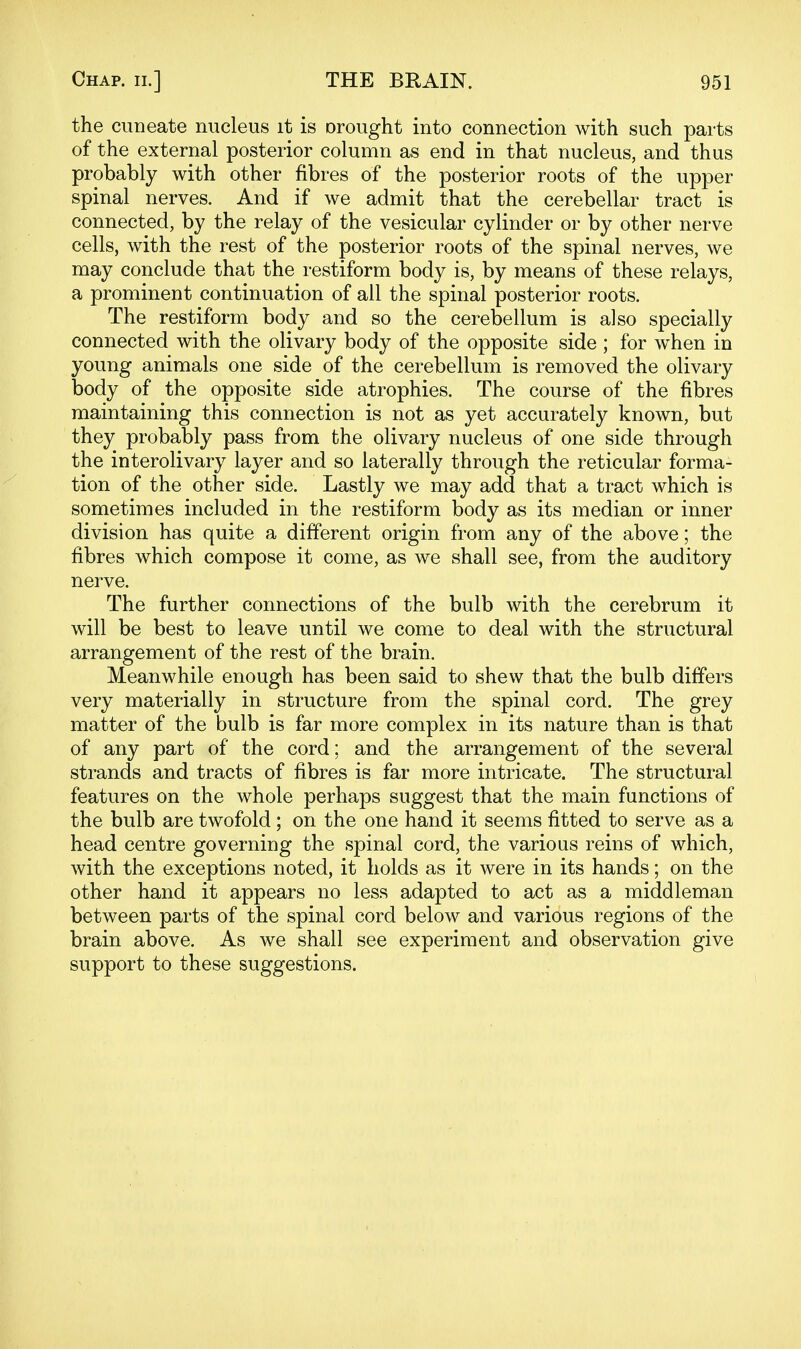 the cuneate nucleus it is Drought into connection with such parts of the external posterior column as end in that nucleus, and thus probably with other fibres of the posterior roots of the upper spinal nerves. And if we admit that the cerebellar tract is connected, by the relay of the vesicular cylinder or by other nerve cells, with the rest of the posterior roots of the spinal nerves, we may conclude that the restiform body is, by means of these relays, a prominent continuation of all the spinal posterior roots. The restiform body and so the cerebellum is also specially connected with the olivary body of the opposite side ; for when in young animals one side of the cerebellum is removed the olivary body of the opposite side atrophies. The course of the fibres maintaining this connection is not as yet accurately known, but they probably pass from the olivary nucleus of one side through the interolivary layer and so laterally through the reticular forma- tion of the other side. Lastly we may add that a tract which is sometimes included in the restiform body as its median or inner division has quite a different origin from any of the above; the fibres which compose it come, as we shall see, from the auditory nerve. The further connections of the bulb with the cerebrum it will be best to leave until we come to deal with the structural arrangement of the rest of the brain. Meanwhile enough has been said to shew that the bulb differs very materially in structure from the spinal cord. The grey matter of the bulb is far more complex in its nature than is that of any part of the cord; and the arrangement of the several strands and tracts of fibres is far more intricate. The structural features on the whole perhaps suggest that the main functions of the bulb are twofold; on the one hand it seems fitted to serve as a head centre governing the spinal cord, the various reins of which, with the exceptions noted, it holds as it were in its hands; on the other hand it appears no less adapted to act as a middleman between parts of the spinal cord below and various regions of the brain above. As we shall see experiment and observation give support to these suggestions.