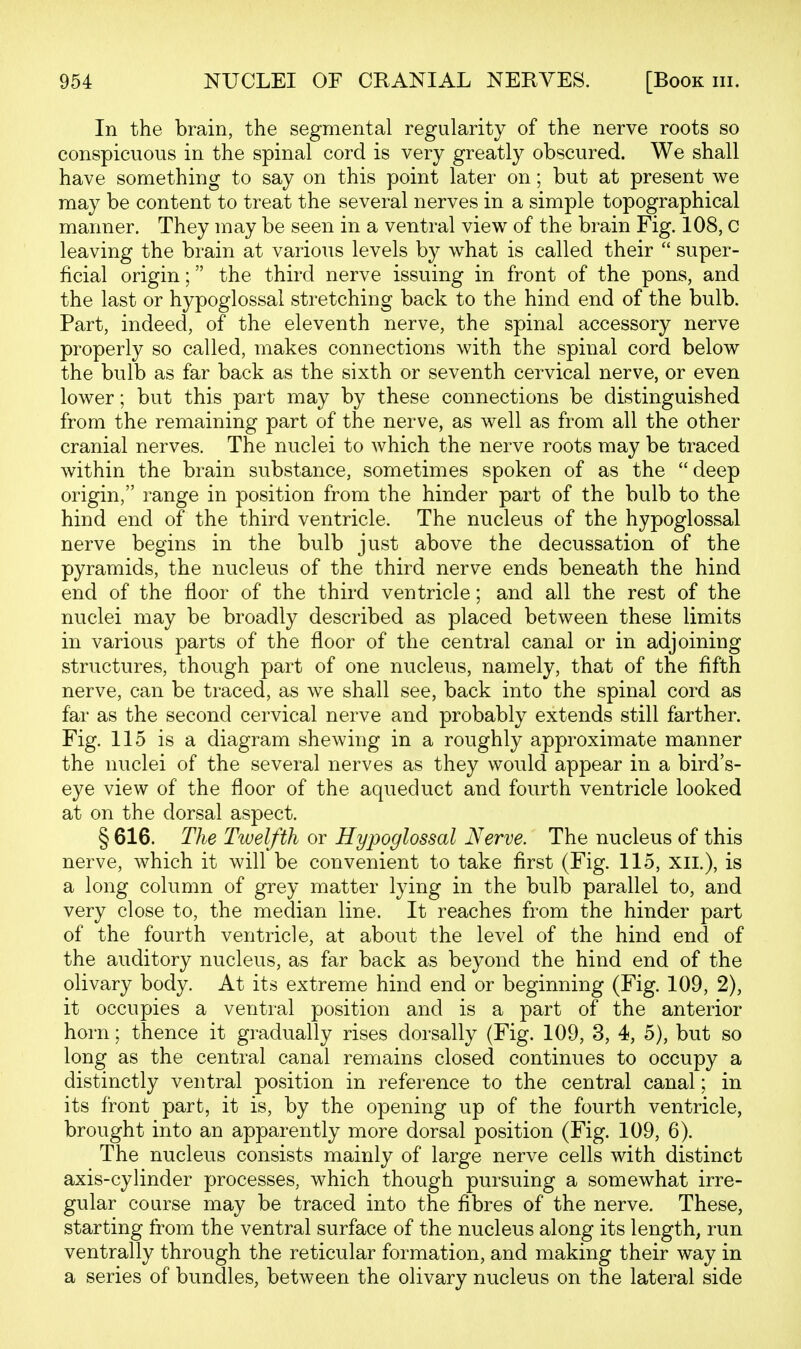 In the brain, the segmental regularity of the nerve roots so conspicuous in the spinal cord is very greatly obscured. We shall have something to say on this point later on; but at present we may be content to treat the several nerves in a simple topographical manner. They may be seen in a ventral view of the brain Fig. 108, c leaving the brain at various levels by what is called their  super- ficial origin; the third nerve issuing in front of the pons, and the last or hypoglossal stretching back to the hind end of the bulb. Part, indeed, of the eleventh nerve, the spinal accessory nerve properly so called, makes connections with the spinal cord below the bulb as far back as the sixth or seventh cervical nerve, or even lower; but this part may by these connections be distinguished from the remaining part of the nerve, as well as from all the other cranial nerves. The nuclei to which the nerve roots may be traced within the brain substance, sometimes spoken of as the deep origin, range in position from the hinder part of the bulb to the hind end of the third ventricle. The nucleus of the hypoglossal nerve begins in the bulb just above the decussation of the pyramids, the nucleus of the third nerve ends beneath the hind end of the floor of the third ventricle; and all the rest of the nuclei may be broadly described as placed between these limits in various parts of the floor of the central canal or in adjoining structures, though part of one nucleus, namely, that of the fifth nerve, can be traced, as we shall see, back into the spinal cord as far as the second cervical nerve and probably extends still farther. Fig. 115 is a diagram shewing in a roughly approximate manner the nuclei of the several nerves as they would appear in a bird's- eye view of the floor of the aqueduct and fourth ventricle looked at on the dorsal aspect. § 616. The Twelfth or Hypoglossal Nerve. The nucleus of this nerve, which it will be convenient to take first (Fig. 115, xii.), is a long column of grey matter lying in the bulb parallel to, and very close to, the median line. It reaches from the hinder part of the fourth ventricle, at about the level of the hind end of the auditory nucleus, as far back as beyond the hind end of the olivary body. At its extreme hind end or beginning (Fig. 109, 2), it occupies a ventral position and is a part of the anterior horn; thence it gradually rises dorsally (Fig. 109, 3, 4, 5), but so long as the central canal remains closed continues to occupy a distinctly ventral position in reference to the central canal; in its front part, it is, by the opening up of the fourth ventricle, brought into an apparently more dorsal position (Fig. 109, 6). The nucleus consists mainly of large nerve cells with distinct axis-cylinder processes, which though pursuing a somewhat irre- gular course may be traced into the fibres of the nerve. These, starting from the ventral surface of the nucleus along its length, run ventrally through the reticular formation, and making their way in a series of bundles, between the olivary nucleus on the lateral side
