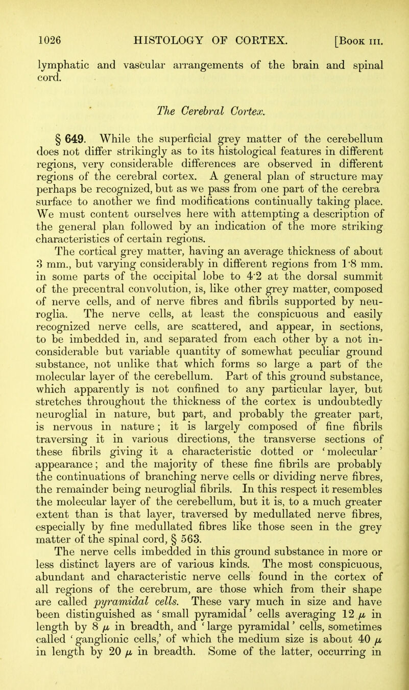lymphatic and vascular arrangements of the brain and spinal cord. The Cerebral Cortex. § 649. While the superficial grey matter of the cerebellum does not differ strikingly as to its histological features in different regions, very considerable differences are observed in different regions of the cerebral cortex. A general plan of structure may perhaps be recognized, but as we pass from one part of the cerebra surface to another we find modifications continually taking place. We must content ourselves here with attempting a description of the general plan followed by an indication of the more striking characteristics of certain regions. The cortical grey matter, having an average thickness of about 3 mm., but varying considerably in different regions from 18 mm. in some parts of the occipital lobe to 4'2 at the dorsal summit of the precentral convolution, is, like other grey matter, composed of nerve cells, and of nerve fibres and fibrils supported by neu- roglia. The nerve cells, at least the conspicuous and easily recognized nerve cells, are scattered, and appear, in sections, to be imbedded in, and separated from each other by a not in- considerable but variable quantity of somewhat peculiar ground substance, not unlike that which forms so large a part of the molecular layer of the cerebellum. Part of this ground substance, which apparently is not confined to any particular layer, but stretches throughout the thickness of the cortex is undoubtedly neuroglial in nature, but part, and probably the greater part, is nervous in nature; it is largely composed of fine fibrils traversing it in various directions, the transverse sections of these fibrils giving it a characteristic dotted or 'molecular' appearance; and the majority of these fine fibrils are probably the continuations of branching nerve cells or dividing nerve fibres, the remainder being neuroglial fibrils. In this respect it resembles the molecular layer of the cerebellum, but it is, to a much greater extent than is that layer, traversed by medullated nerve fibres, especially by fine medullated fibres like those seen in the grey matter of the spinal cord, § 563. The nerve cells imbedded in this ground substance in more or less distinct layers are of various kinds. The most conspicuous, abundant and characteristic nerve cells found in the cortex of all regions of the cerebrum, are those which from their shape are called pyramidal cells. These vary much in size and have been distinguished as 'small pyramidal' cells averaging 12 ^ in length by 8 /A in breadth, and ' large pyramidal' cells, sometimes called ' ganglionic cells,' of which the medium size is about 40 jx in length by 20 /i in breadth. Some of the latter, occurring in