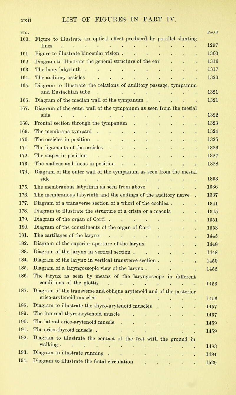 FIG. PAGE 160. Figure to illustrate an optical effect produced by parallel slanting lines 1297 161. Figure to illustrate binocular vision . . 1300 162. Diagram to illustrate the general structure of the ear . . . 1316 168. The bony labyrinth 1317 164. The auditory ossicles 1320 165. Diagram to illustrate the relations of auditory passage, tympanum and Eustachian tube . 1321 166. Diagram of the median wall of the tympanum ..... 1321 167. Diagram of the outer wall of the tympanum as seen from the mesial side 1322 168. Frontal section through the tympanum 1323 169. The membrana tympani 1324 170. The ossicles in position 1325 171. The ligaments of the ossicles 1326 172. The stapes in position 1327 173. The malleus and incus in position 1328 174. Diagram of the outer wall of the tympanum as seen from the mesial side 1333 175. The membranous labyrinth as seen from above .... 1336 176. The membranous labyrinth and the endings of the auditory nerve . 1337 177. Diagram of a transverse section of a whorl of the cochlea . . . 1341 178. Diagram to illustrate the structure of a crista or a macula . . 1345 179. Diagram of the organ of Corti 1351 180. Diagram of the constituents of the organ of Corti .... 1353 181. The cartilages of the larynx 1445 182. Diagram of the superior aperture of the larynx .... 1448 183. Diagram of the larynx in vertical section 1448 184. Diagram of the larynx in vertical transverse section .... 1450 185. Diagram of a laryngoscopic view of the larynx 1452 186. The larynx as seen by means of the laryngoscope in different conditions of the glottis 1453 187. Diagram of the transverse and obhque arytenoid and of the posterior crico-arytenoid muscles 1456 188. Diagram to illustrate the thyro-arytenoid muscles .... 1457 189. The internal thyro-arytenoid muscle 1457 190. The lateral crico-arytenoid muscle ....... 1459 191. The crico-thyroid muscle I459 192. Diagram to illustrate the contact of the feet with the ground in walking 1433 193. Diagram to illustrate running 1484 194. Diagram to illustrate the foetal circulation 1529