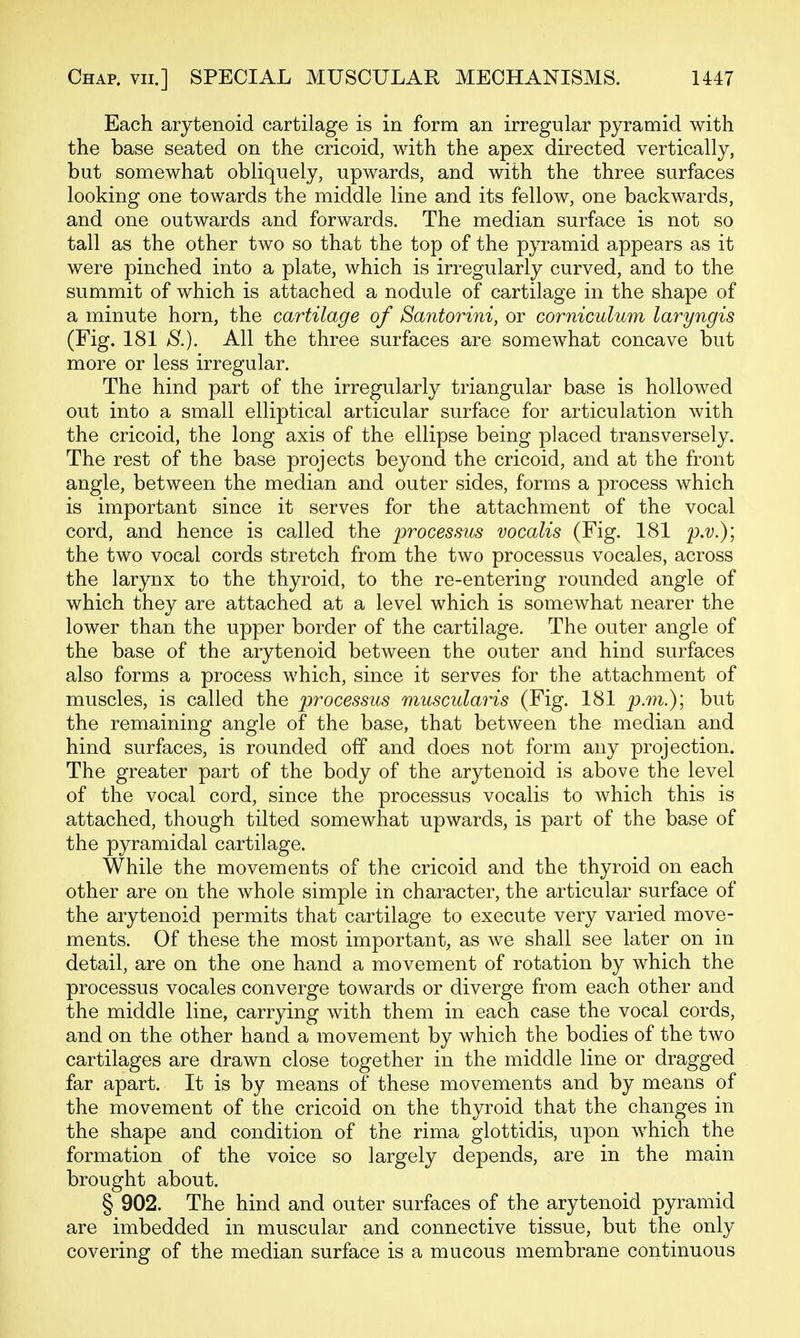 Each arytenoid cartilage is in form an irregular pyramid with the base seated on the cricoid, with the apex directed vertically, but somewhat obliquely, upwards, and with the three surfaces looking one towards the middle line and its fellow, one backwards, and one outwards and forwards. The median surface is not so tall as the other two so that the top of the pyramid appears as it were pinched into a plate, which is irregularly curved, and to the summit of which is attached a nodule of cartilage in the shape of a minute horn, the cartilage of Santorini, or corniculum laryngis (Fig. 181 8.). All the three surfaces are somewhat concave but more or less irregular. The hind part of the irregularly triangular base is hollowed out into a small elliptical articular surface for articulation with the cricoid, the long axis of the ellipse being placed transversely. The rest of the base projects beyond the cricoid, and at the front angle, between the median and outer sides, forms a process which is important since it serves for the attachment of the vocal cord, and hence is called the processus vocalis (Fig. 181 p.v.)', the two vocal cords stretch from the two processus vocales, across the larynx to the thyroid, to the re-entering rounded angle of which they are attached at a level which is somewhat nearer the lower than the upper border of the cartilage. The outer angle of the base of the arytenoid between the outer and hind surfaces also forms a process which, since it serves for the attachment of muscles, is called the processus muscularis (Fig. 181 p.m.); but the remaining angle of the base, that between the median and hind surfaces, is rounded off and does not form any projection. The greater part of the body of the arytenoid is above the level of the vocal cord, since the processus vocalis to which this is attached, though tilted somewhat upwards, is part of the base of the pyramidal cartilage. While the movements of the cricoid and the thyroid on each other are on the whole simple in character, the articular surface of the arytenoid permits that cartilage to execute very varied move- ments. Of these the most important, as we shall see later on in detail, are on the one hand a movement of rotation by which the processus vocales converge towards or diverge from each other and the middle line, carrying with them in each case the vocal cords, and on the other hand a movement by which the bodies of the two cartilages are drawn close together in the middle line or dragged far apart. It is by means of these movements and by means of the movement of the cricoid on the thyroid that the changes in the shape and condition of the rima glottidis, upon which the formation of the voice so largely depends, are in the main brought about. § 902. The hind and outer surfaces of the arytenoid pyramid are imbedded in muscular and connective tissue, but the only covering of the median surface is a mucous membrane continuous