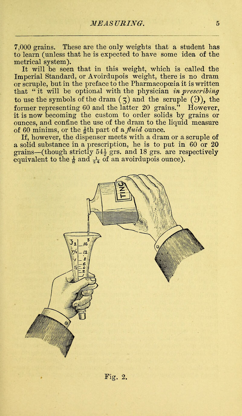 7.000 grains. These are the only weights that a student has to learn (unless that he is expected to have some idea of the metrical system). It will be seen that in this weight, which is called the Imperial Standard, or Avoirdupois weight, there is no dram or scruple, but in the preface to the Pharmacopoeia it is written that it will be optional with the physician in prescribing to use the symbols of the dram (g) and the scruple (9), the former representing 60 and the latter 20 grains. However, it is now becoming the custom to order solids by grains or ounces, and confine the use of the dram to the liquid measure of 60 minims, or the £th part of a fluid ounce. If, however, the dispenser meets with a dram or a scruple of a solid substance in a prescription, he is to put in 60 or 20 grains—(though strictly 54^ grs. and 18 grs. are respectively equivalent to the £ and ^ of an avoirdupois ounce). Fig. 2.