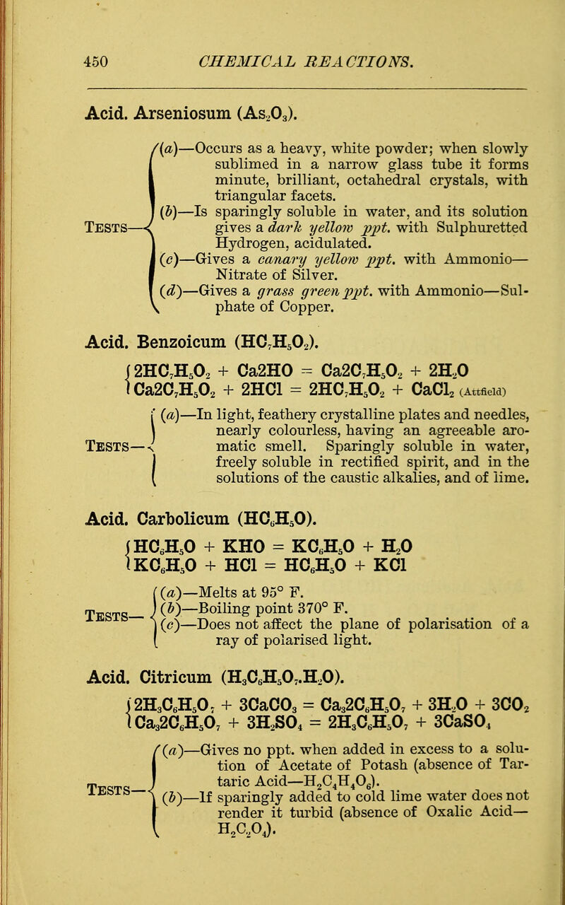 Acid. Arseniosum (As203). '(a)—Occurs as a heavy, white powder; when slowly sublimed in a narrow glass tube it forms minute, brilliant, octahedral crystals, with triangular facets. (b) —Is sparingly soluble in water, and its solution TESTS—gives a dark yellow ppt. with Sulphuretted Hydrogen, acidulated. (c) —Gives a canary yellow ppt. with Ammonio— Nitrate of Silver. (d) —Gives a grass green ppt. with Ammonio—Sul- phate of Copper. Acid. Benzoicum (HC7H502). (2HC7H502 + Ca2HO = Ca2C7H5(X + 2H,0 !Ca2C7H502 + 2HC1 = 2HC7H502 + CaCl2 (Attfield) f (a)—In light, feathery crystalline plates and needles, \ nearly colourless, having an agreeable aro- TESTS—s matic smell. Sparingly soluble in water, freely soluble in rectified spirit, and in the solutions of the caustic alkalies, and of lime. Acid. Carbolicum (HC^O). jHC6H50 + KHO = KC6H50 + H20 IKC6H50 + HC1 = HC6H50 + KC1 [(a)—Melts at 95° F. Tests 1 Boilin£ Point 370° F' j (c)—Does not affect the plane of polarisation of a ( ray of polarised light. Acid. Citricum (H3C6H507.H20). (2H3C6H50; + 3CaC03 = Ca32C6H507 + 3H20 + 3C02 lCa32C6H507 + 3H2S04 = 2H3C6H507 + 3CaS04 '(a)—Gives no ppt. when added in excess to a solu- tion of Acetate of Potash (absence of Tar- TFQTq J taric Acid—H2C4H406). s (5)—If sparingly added to cold lime water does not render it turbid (absence of Oxalic Acid— H2CaOJ.