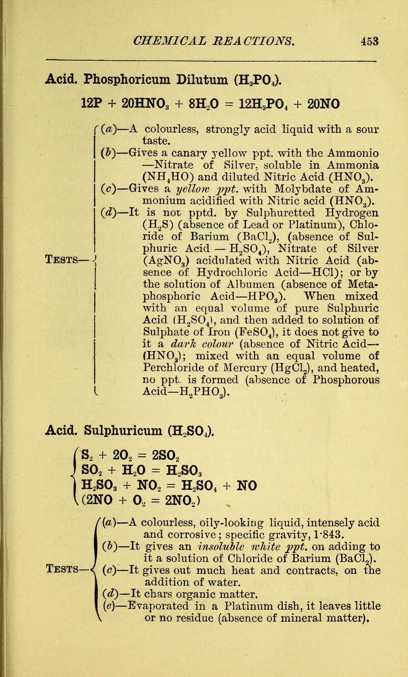 Acid. Phosphoricum Dilutum (H3P04). 12P + 20HNO3 + 8H20 = 12H3P04 + 20NO * (a)—A colourless, strongly acid liquid with a sour taste. (&)—Gives a canary yellow ppt. with the Ammonio —Nitrate of Silver, soluble in Ammonia (NH4HO) and diluted Nitric Acid (HN03). (c) —Gives a yellow ppt. with Molybdate of Am- monium acidified with Nitric acid (HN03). (d) —It is not pptd. by Sulphuretted Hydrogen (H2S) (absence of Lead or Platinum), Chlo- ride of Barium (BaCl2), (absence of Sul- phuric Acid — H2S04), Nitrate of Silver Tests— -j (AgN03) acidulated with Nitric Acid (ab- sence of Hydrochloric Acid—HC1); or by the solution of Albumen (absence of Meta- phosphoric Acid—HP03). When mixed with an equal volume of pure Sulphuric Acid (H2S04i, and then added to solution of Sulphate of Iron (FeS04), it does not give to it a dark colour (absence of Nitric Acid— (HN03); mixed with an equal volume of Perchloride of Mercury (HgCl2), and heated, no ppt. is formed (absence of Phosphorous I Acid—H2PH03). Acid. Sulphuricum (H2S04). (S2 + 202 = 2S02 J S02 + H20 = H2S03 J H2S03 + N02 = H2S04 + NO U2N0 + 02 = 2N02) A colourless, oily-lookiDg liquid, intensely acid and corrosive; specific gravity, 1*843. •It gives an insoluble white ppt. on adding to it a solution of Chloride of Barium (BaCl2). •It gives out much heat and contracts, on the addition of water. -It chars organic matter. Evaporated in a Platinum dish, it leaves little or no residue (absence of mineral matter).