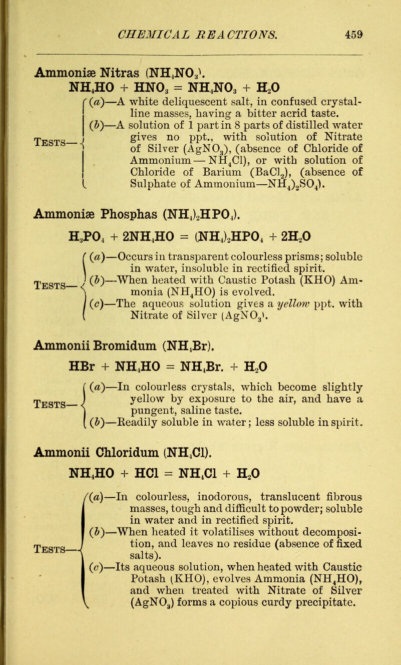 Ammonia Nitras (NH4N03\ NH4HO + HNO3 = NH4N03 + H20 ' (*)—A white deliquescent salt, in confused crystal- line masses, having a bitter acrid taste. (5)—A solution of 1 part in 8 parts of distilled water rpEgTg 1 gives no ppt., with solution of Nitrate of Silver (AgN03), (absence of Chloride of Ammonium — NH4C1), or with solution of Chloride of Barium (BaCl2), (absence of Sulphate of Ammonium—NH4)2S04). Ammoniae Phosphas (NH4)2HP04). H3P04 + 2NH4HO = (NH4)2HP04 + 2H20 1(a)—Occurs in transparent colourless prisms; soluble in water, insoluble in rectified spirit. / (P)—When heated with Caustic Potash (KHO) Am« \ monia (NH4HO) is evolved. / (<?)—The aqueous solution gives a yellow ppt. with ( Nitrate of Silver (AgN03». Ammonii Bromidum (NH,Br). HBr + NH4HO = NH4Br. + H20 Tests (a)—In colourless crystals, which become slightly yellow by exposure to the air, and have a pungent, saline taste. (J)—Readily soluble in water; less soluble in spirit. Ammonii Chloridum (NH4C1). NH4HO + HC1 = NH4C1 + H20 ((a)—In colourless, inodorous, translucent fibrous masses, tough and difficult to powder; soluble in water and in rectified spirit. (b) —When heated it volatilises without decomposi- rpEgTg J tion, and leaves no residue (absence of fixed \ salts). (c) —Its aqueous solution, when heated with Caustic I Potash (KHO), evolves Ammonia (NH4HO), and when treated with Nitrate of Silver \ (AgN03) forms a copious curdy precipitate.