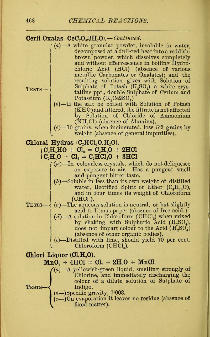 Tests— \ Cerii Oxalas CeC204,3H20).— Continued. ' (a)—A white granular powder, insoluble in water, decomposed at a dull-red heat into a reddish- brown powder, which dissolves completely and without effervescence in boiling Hydro- chloric Acid (HC1) (absence of various metallic Carbonates or Oxalates); and the resulting solution gives with Solution of Sulphate of Potash (K2S04) a white crys- talline ppt., double Sulphate of Cerium and Potassium (K2Ce2S04) (b)—If the salt be boiled with Solution of Potash (KHO) and filtered, the filtrate is not affected by Solution of Chloride of Ammonium (NH4C1) (absence of Alumina). (<?)—10 grains, when incinerated, lose 5*2 grains by weight (absence of general impurities). Chloral Hydras (C2HC130.H20). (C2H5HO + Cl2 - C2H40 + 2HC1 1C2H40 + Cl6 = C2HC130 + 3HC1 r(a)—In colourless crystals, which do not deliquesce on exposure to air. Has a pungent smell and pungent bitter taste. (b)—Soluble in less than its own weight of distilled water, Kectified Spirit or Ether (C4H10O), and in four times its weight of Chloroform (CHcy. Tests—-[ (<?)—The aqueous solution is neutral, or but slightly acid to litmus paper (absence of free acid.) (d)—A solution in Chloroform (CHC13) when mixed by shaking with Sulphuric Acid (H2S04), does not impart colour to the Acid (H2S04) (absence of other organic bodies). (<?)—Distilled with lime, should yield 70 per cent, I Chloroform (CHC13). CMori Liquor (C1.H20). Mn02 + 4HC1 = Cl2 + 2H20 + MnCL '{a)—A yellowish-green liquid, smelling strongly of Chlorine, and immediately discharging the colour of a dilute solution of Sulphate of Tests—^ Indigo. (b—) Specific gravity, 1'003. (c—)On evaporation it leaves no residue (absence of fixed matter).