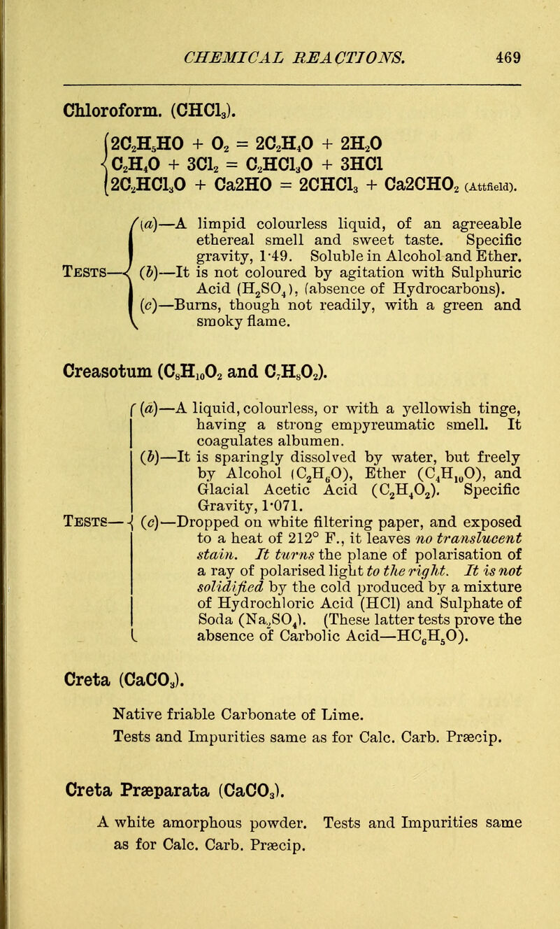 Chloroform. (CHC13). (2C2H5H0 + 02 = 2C2H40 + 2H20 <C2H40 + 3C12 = C2HC130 + 3HC1 (2C2HC130 + Ca2H0 = 2CHC13 + Ca2CH02 (Attfieid). /(a)—A limpid colourless liquid, of an agreeable I ethereal smell and sweet taste. Specific | gravity, 1*49. Soluble in Alcohol and Ether. Tests—< (b)—It is not coloured by agitation with Sulphuric j Acid (H2S04), (absence of Hydrocarbons). | (<?)—Burns, though not readily, with a green and \ smoky flame. Creasotum (C8H10O2 and C7H802). r (a)—A liquid, colourless, or with a yellowish tinge, having a strong empyreumatic smell. It coagulates albumen. (&)—It is sparingly dissolved by water, but freely by Alcohol I C2H60), Ether (C4H10O), and Glacial Acetic Acid (C2H402). Specific Gravity, 1-071. Tests—•{ (c)—Dropped on white filtering paper, and exposed to a heat of 212° F., it leaves no translucent stain. It turns the plane of polarisation of a ray of polarised light to the right. It is not solidified by the cold produced by a mixture of Hydrochloric Acid (HC1) and Sulphate of Soda (Na2S04). (These latter tests prove the absence of Carbolic Acid—HC6H50). Creta (CaC03). Native friable Carbonate of Lime. Tests and Impurities same as for Calc. Carb. Prsecip. Creta Praeparata (CaC03). A white amorphous powder. Tests and Impurities same as for Calc. Carb. Praecip.