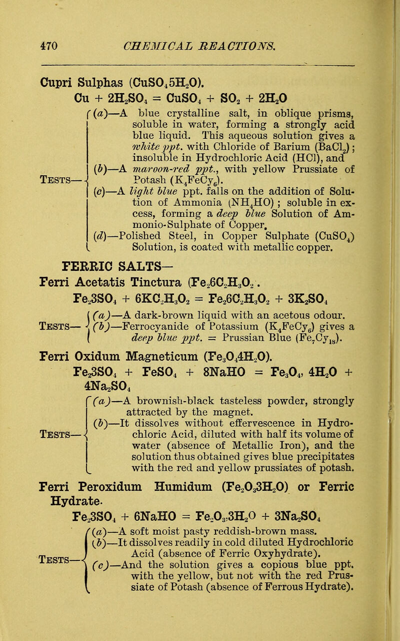 Tests— Cupri Sulphas (CuS045H20). Cu + 2H2S04 = CuS04 + S02 + 2H20 '(a)—A blue crystalline salt, in oblique prisms, soluble in water, forming a strongly acid blue liquid. This aqueous solution gives a white ppt. with Chloride of Barium (BaCl2); insoluble in Hydrochloric Acid (HC1), and (b) —A maroon-red ppt., with yellow Prussiate of Potash (K4FeCy6). (c) —A light blue ppt. falls on the addition of Solu- tion of Ammonia (NH4HO) ; soluble in ex- cess, forming a deep blue Solution of Am- monio-Sulphate of Copper. (d) —Polished Steel, in Copper Sulphate (CuS04) Solution, is coated with metallic copper. FERRIC SALTS— Ferri Acetatis Tinctura (Fe26C2H302 . Fe23S04 + 6KC2H302 = Fe26C2H302 + 3K2S04 ( Ca)—A dark-brown liquid with an acetous odour. Tests— < (b)—Ferrocyanide of Potassium (K4FeCy6) gives a ( deep blue ppt. = Prussian Blue (Fe7Cy18). Ferri Oxidum Magneticum (Fe3044H20). Fe^SO, + FeS04 + 8NaH0 = Fe304, 4H20 + 4Na2S04 (a) —A brownish-black tasteless powder, strongly attracted by the magnet. -It dissolves without effervescence in Hydro- chloric Acid, diluted with half its volume of water (absence of Metallic Iron), and the solution thus obtained gives blue precipitates with the red and yellow prussiates of potash. Peroxidum Humidum (Fe2033H20) or Ferric Hydrate. Fe23S04 + 6NaHO = Fe203!3H20 + SNa^O, '(a)—A soft moist pasty reddish-brown mass. (b) —It dissolves readily in cold diluted Hydrochloric Acid (absence of Ferric Oxyhydrate). (c) —And the solution gives a copious blue ppt. with the yellow, but not with the red Prus- siate of Potash (absence of Ferrous Hydrate). Tests- Ferri (by